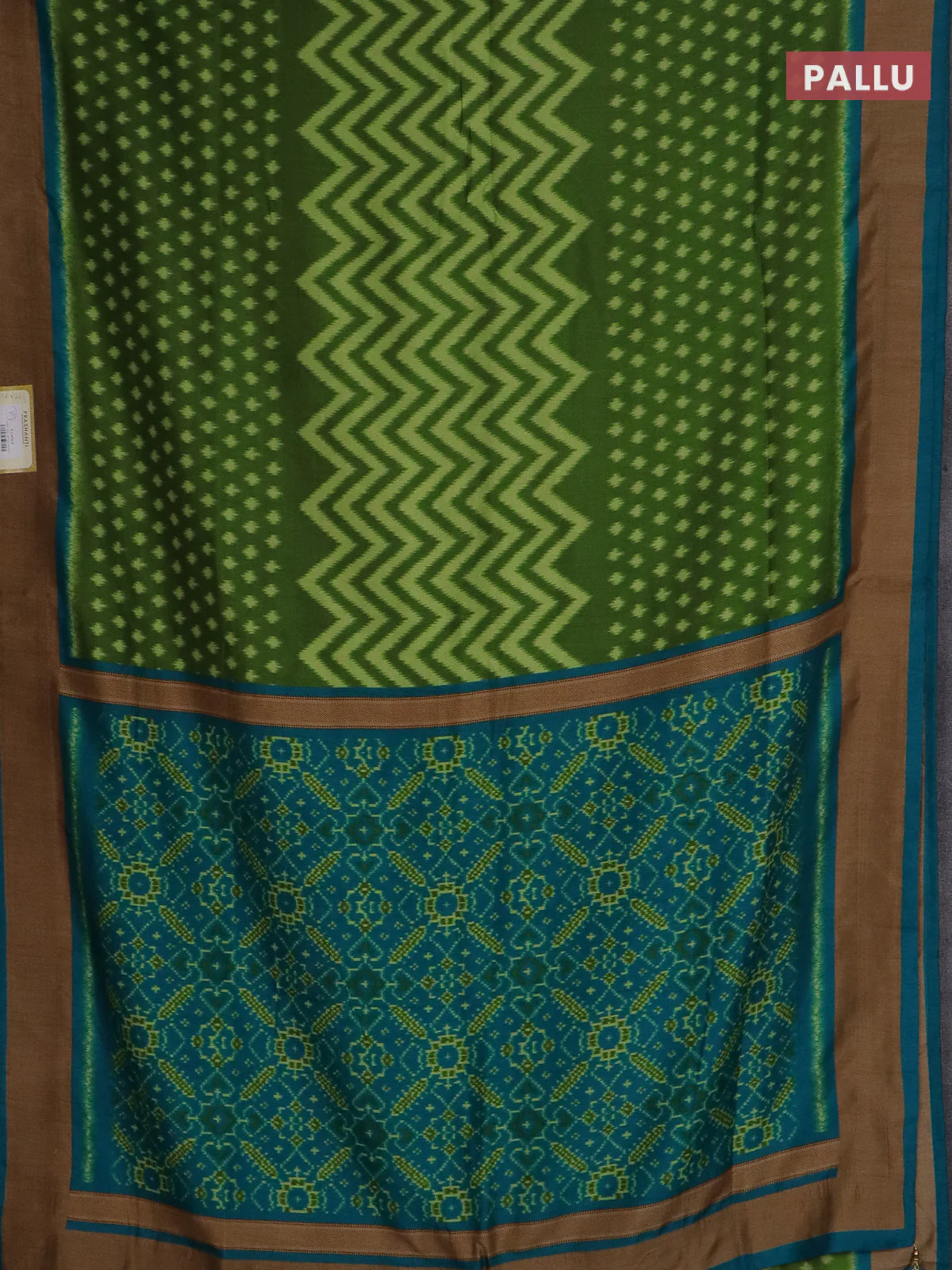 Semi patola saree green and cs blue with allover ikat weaves and woven border - Image 3