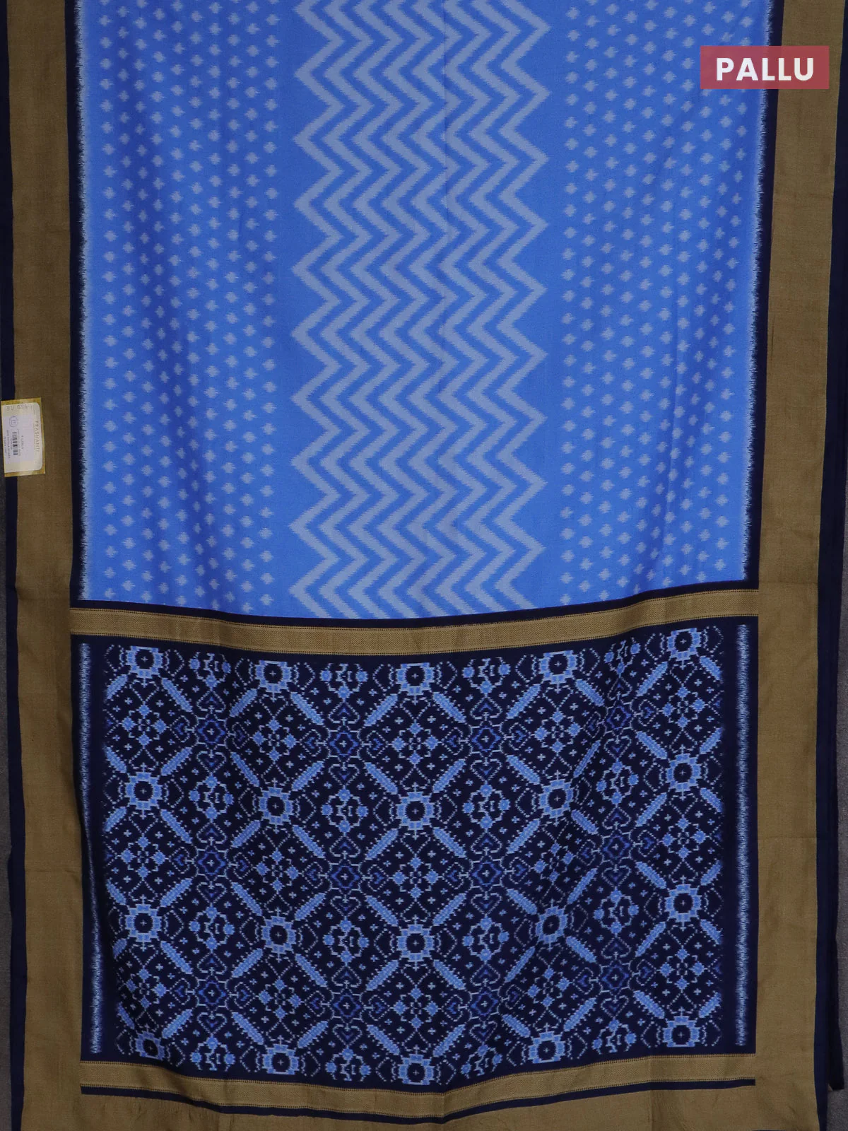 Semi patola saree light blue and navy blue with allover ikat weaves and woven border - Image 3