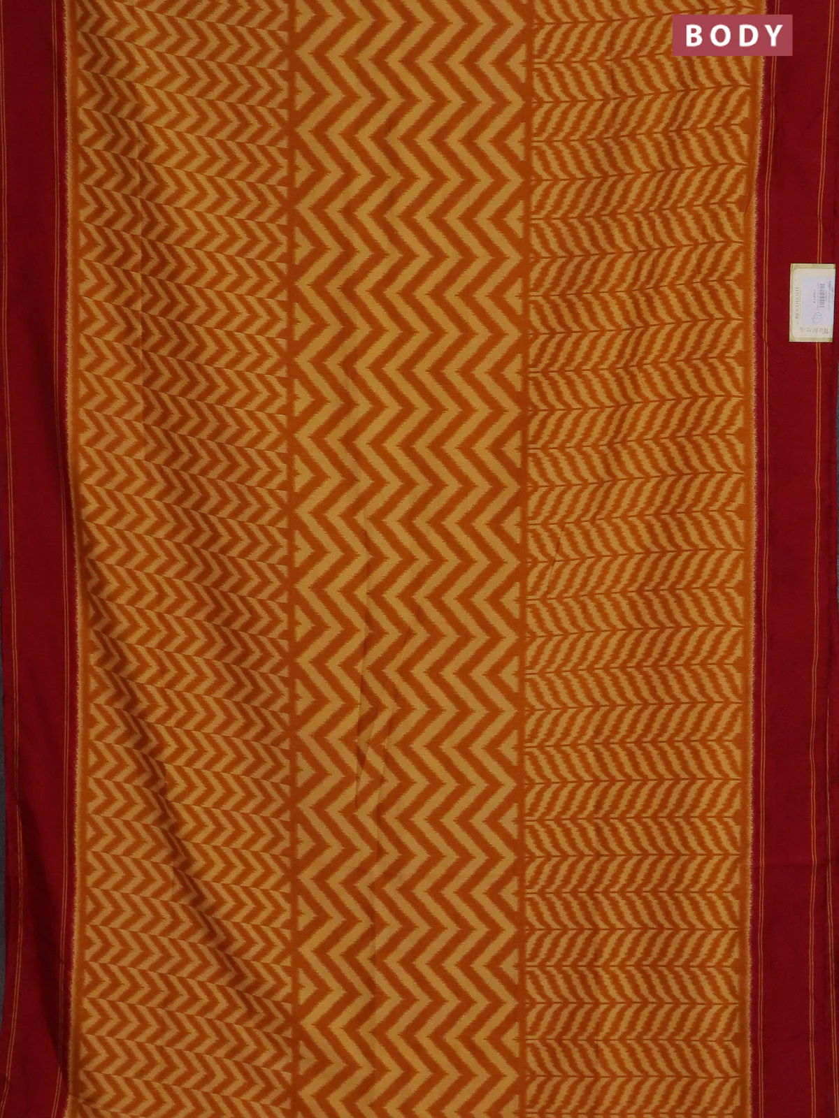 Semi patola saree mango yellow and red with allover wevy weaves and simple border - Image 2