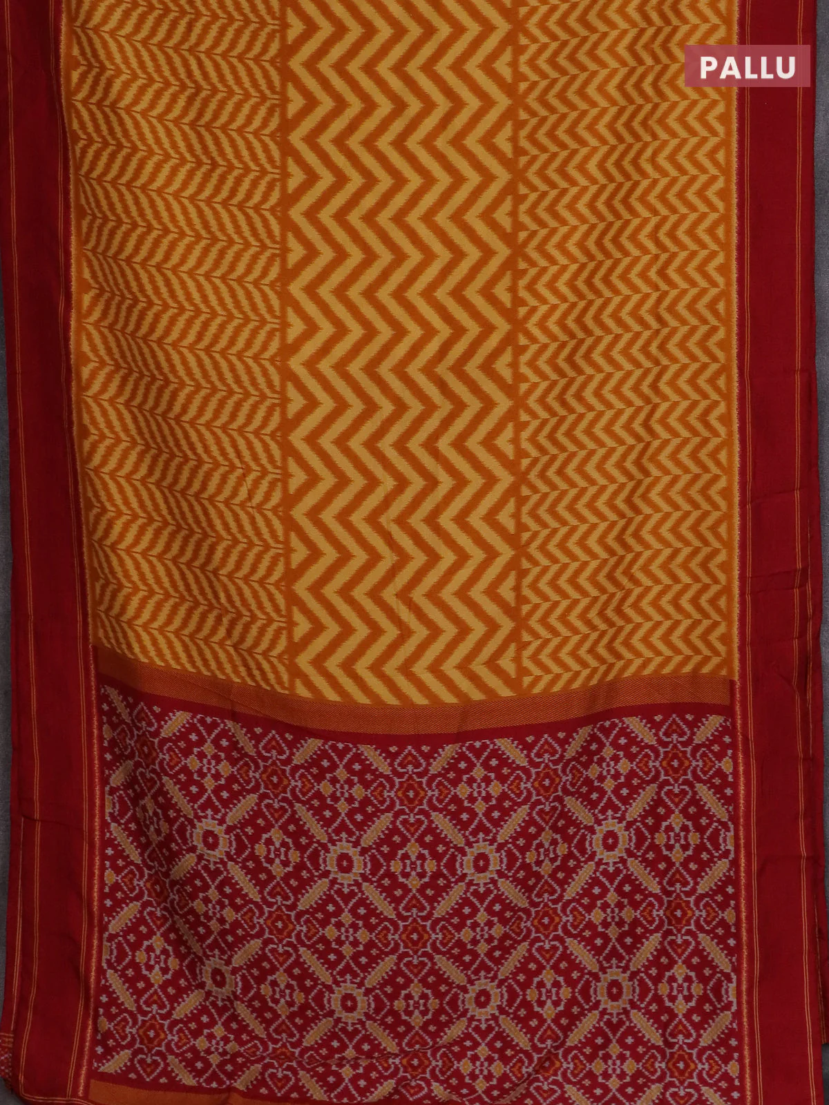 Semi patola saree mango yellow and red with allover wevy weaves and simple border - Image 3