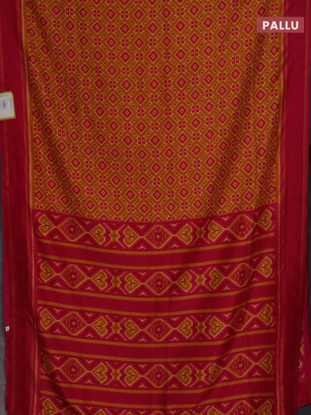 Semi patola saree mustard yellow and pink with allover ikat weaves and simple border - Image 3
