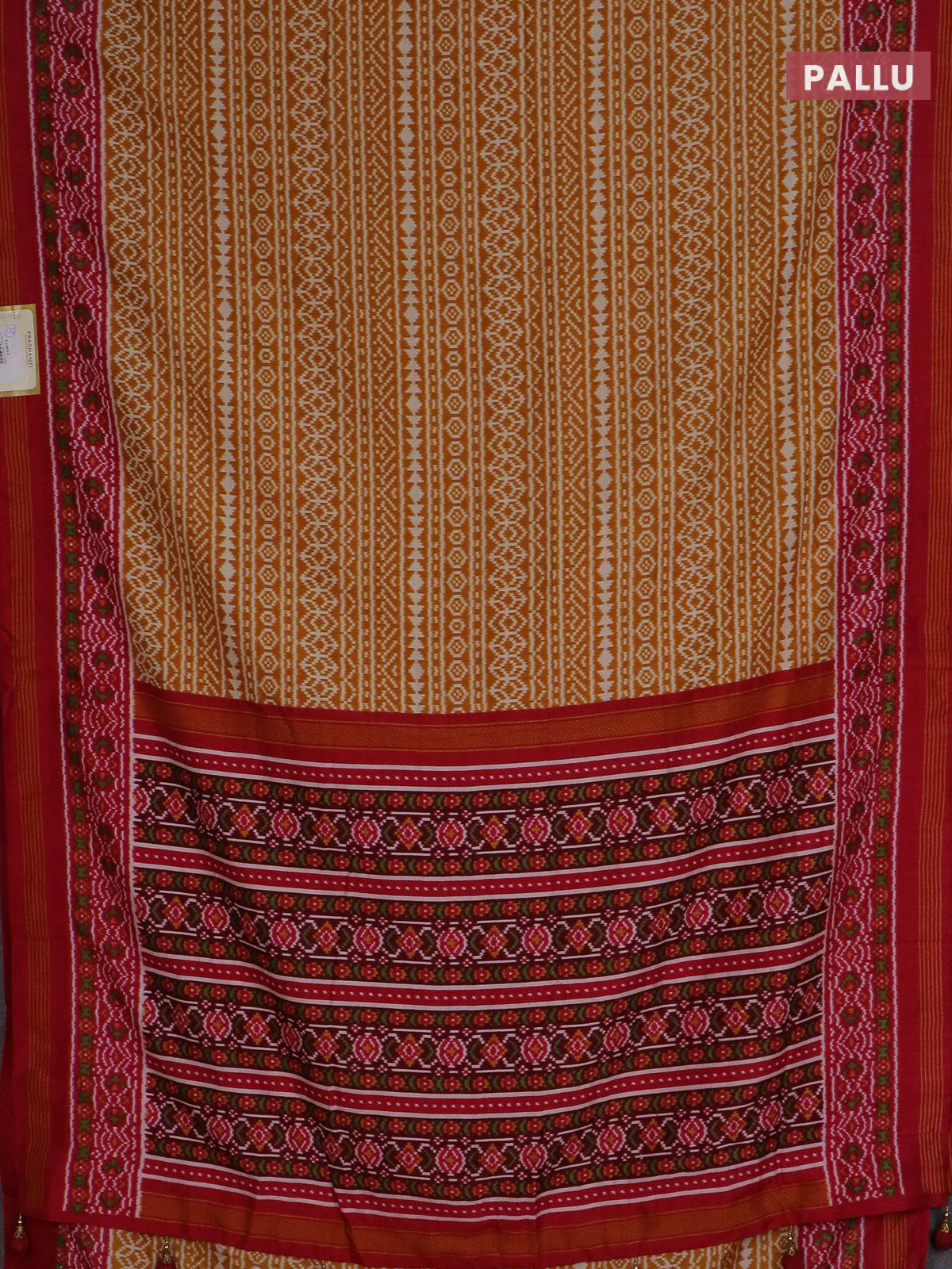 Semi patola saree mustard yellow and red with allover ikat prints and simple border - Image 3