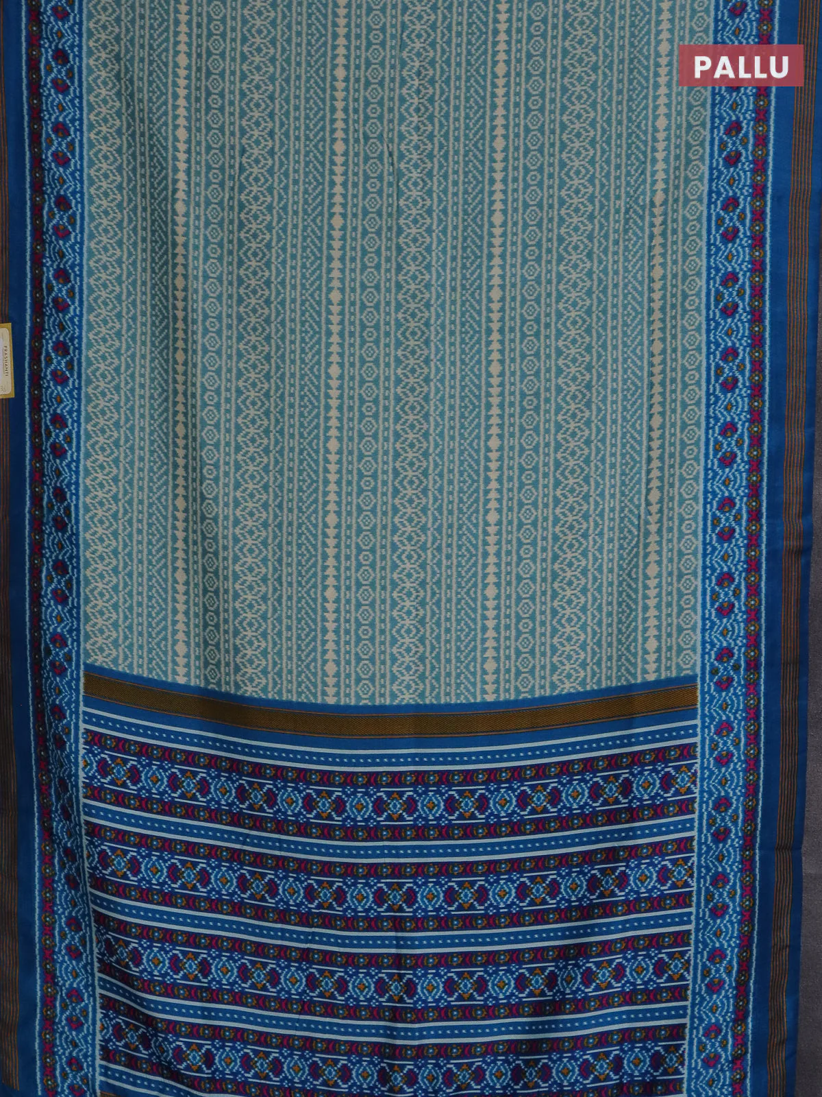 Semi patola saree pastel blue and cs blue with allover ikat prints and simple border - Image 3