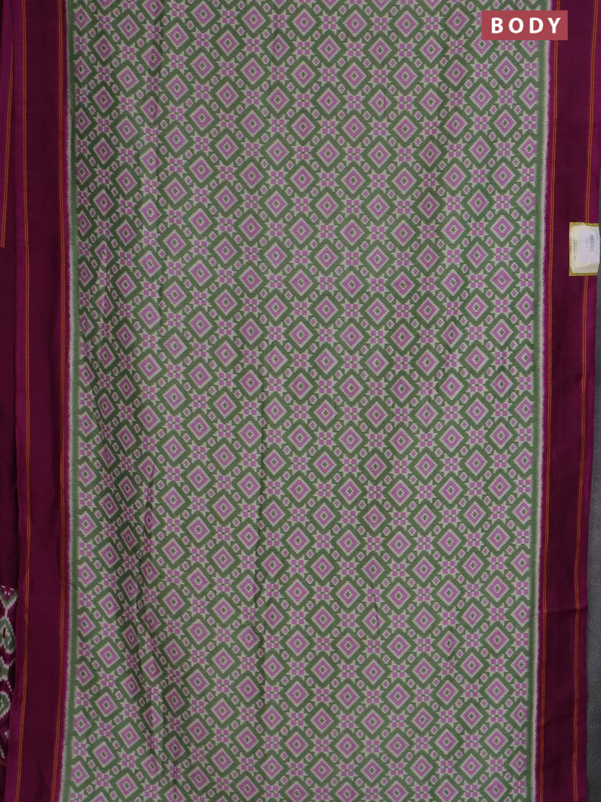 Semi patola saree pastel green and purple with allover ikat weaves and simple border - Image 2