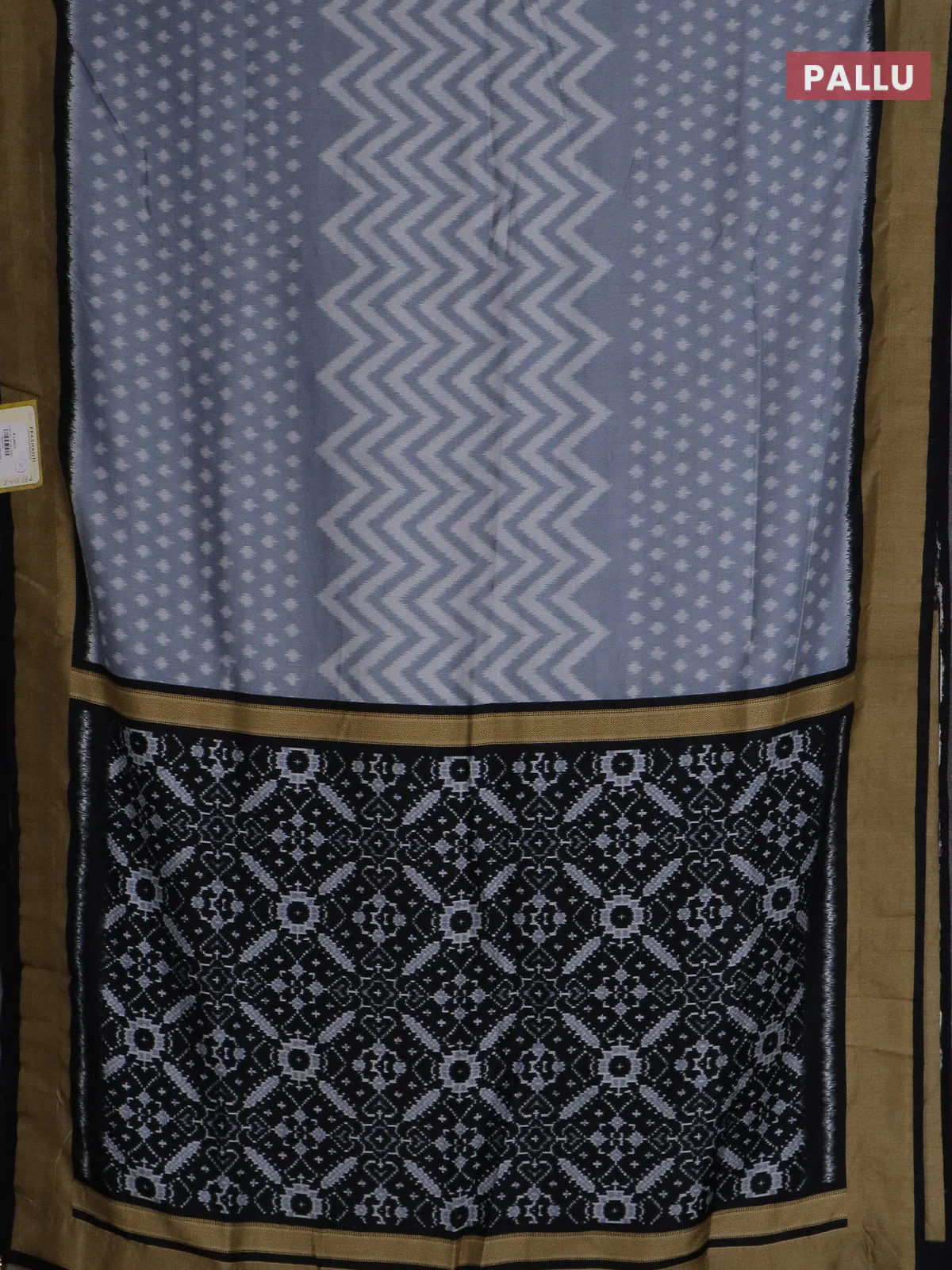 Semi patola saree pastel grey and black with allover ikat weaves and woven border - Image 3