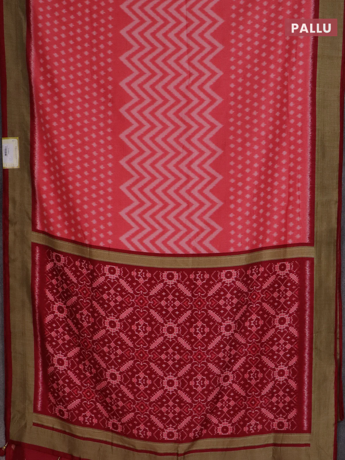 Semi patola saree peach pink and maroon with allover ikat weaves and woven border - Image 3
