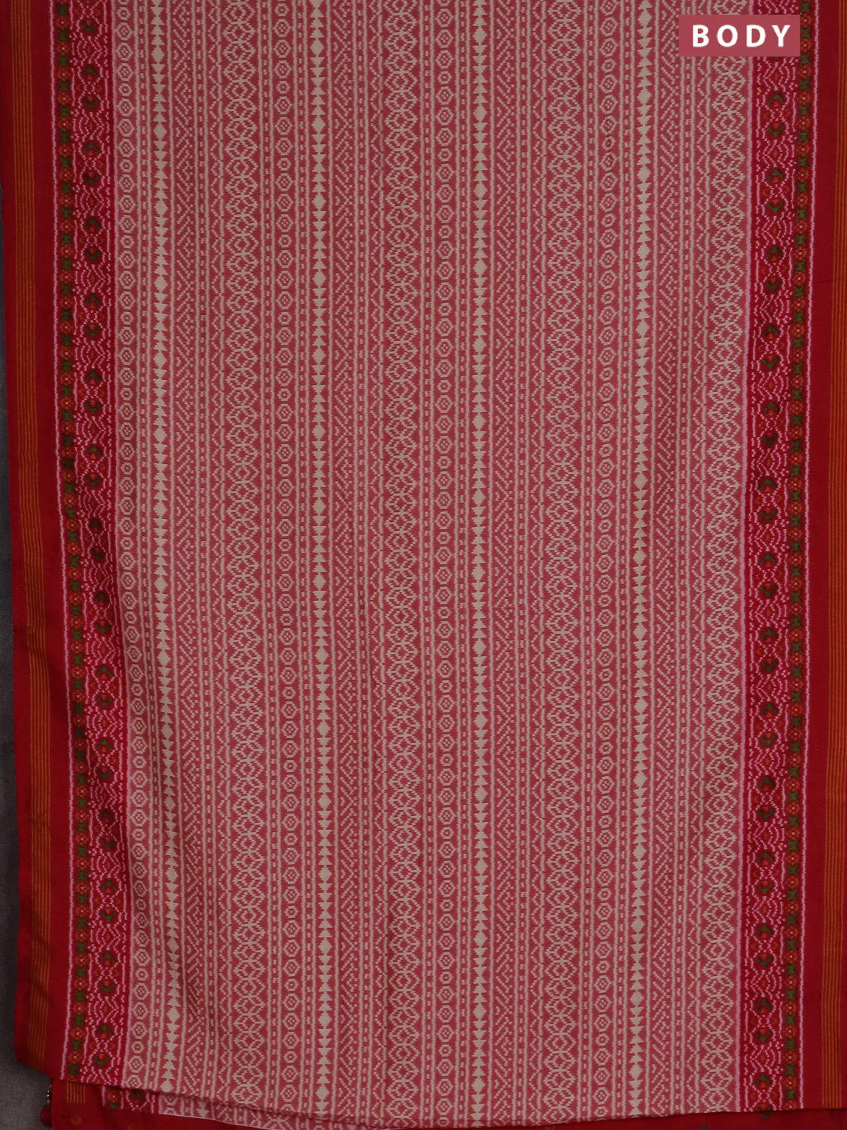 Semi patola saree peach pink and red with allover ikat prints and simple border - Image 2