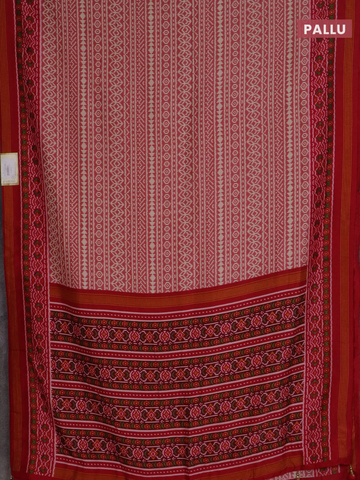 Semi patola saree peach pink and red with allover ikat prints and simple border - Image 3