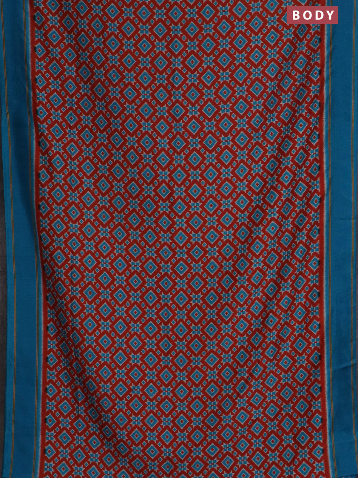 Semi patola saree red and cs blue with allover ikat weaves and simple border - Image 2