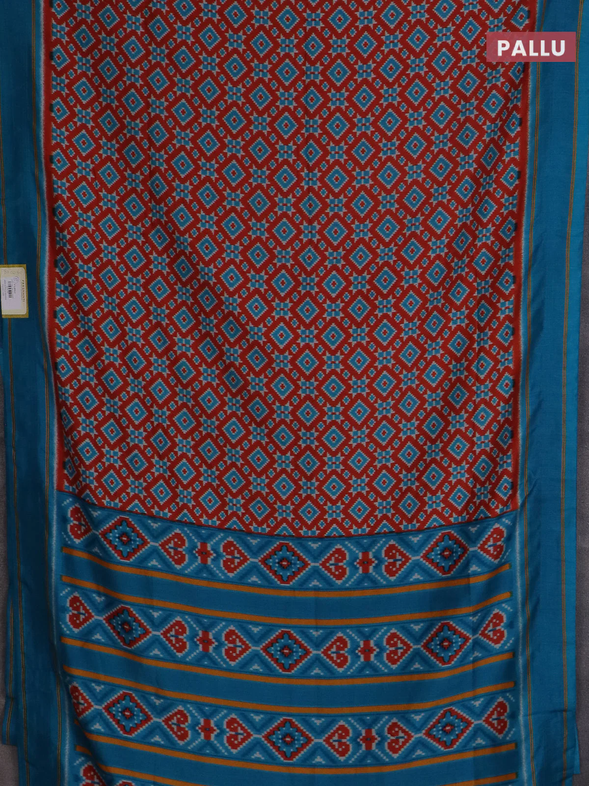 Semi patola saree red and cs blue with allover ikat weaves and simple border - Image 3