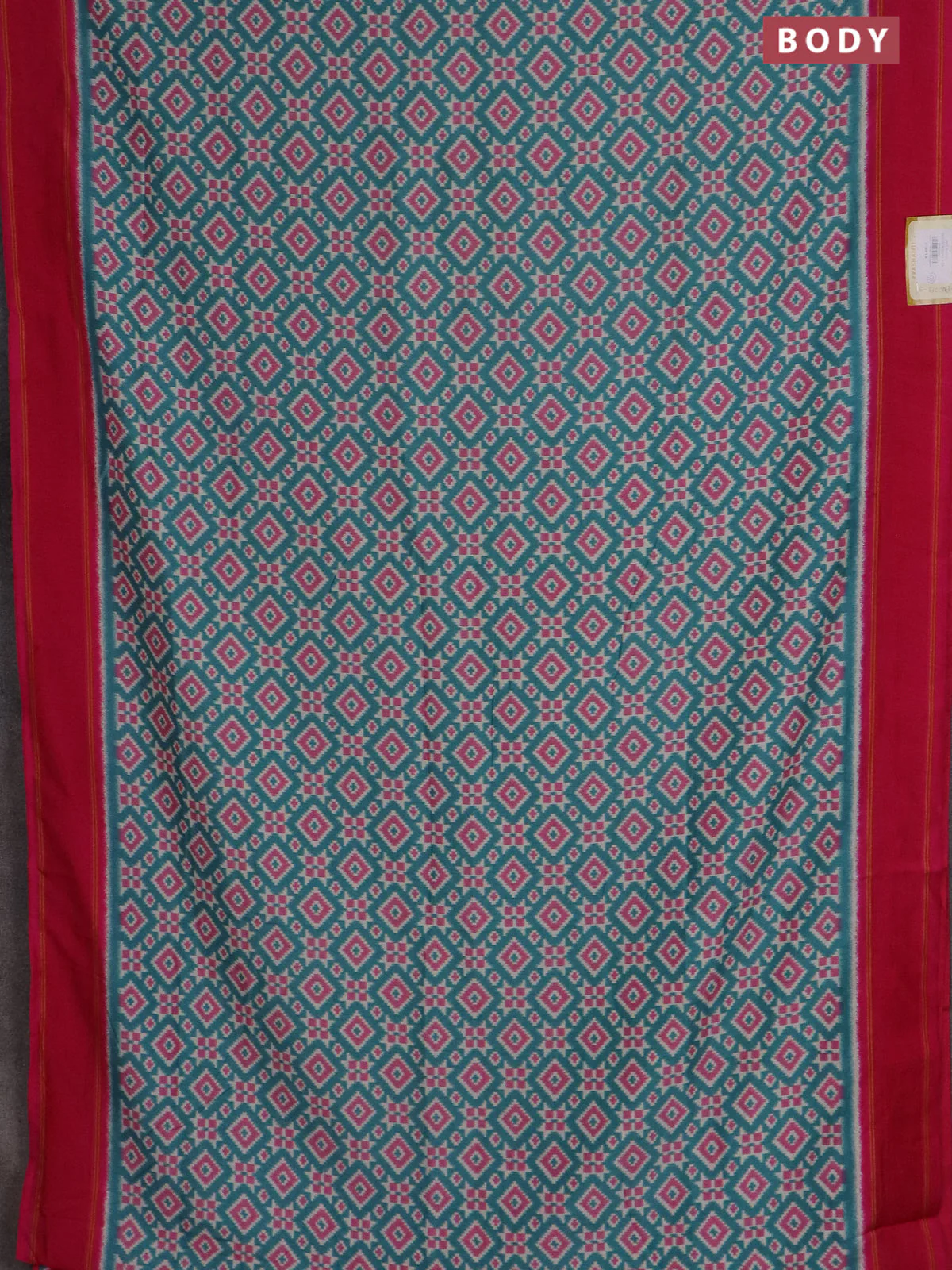 Semi patola saree teal blue and pink with allover ikat weaves and simple border - Image 2