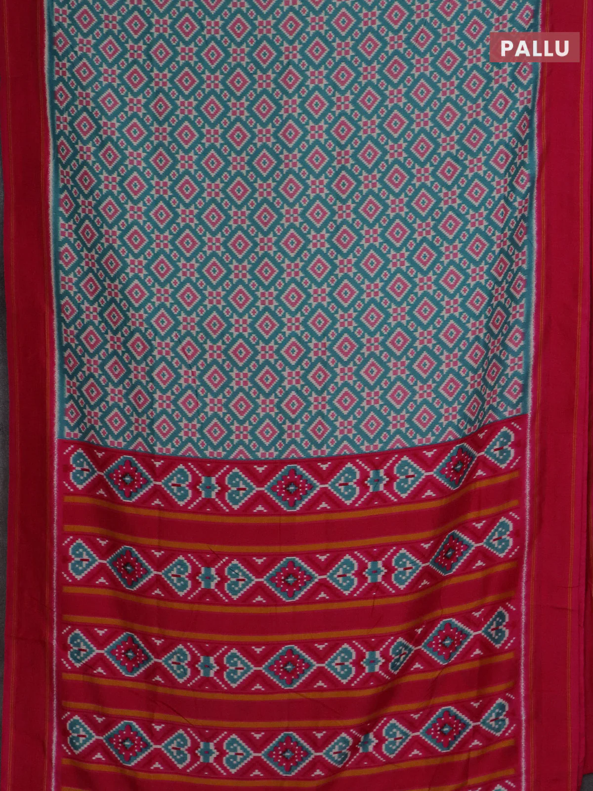 Semi patola saree teal blue and pink with allover ikat weaves and simple border - Image 3