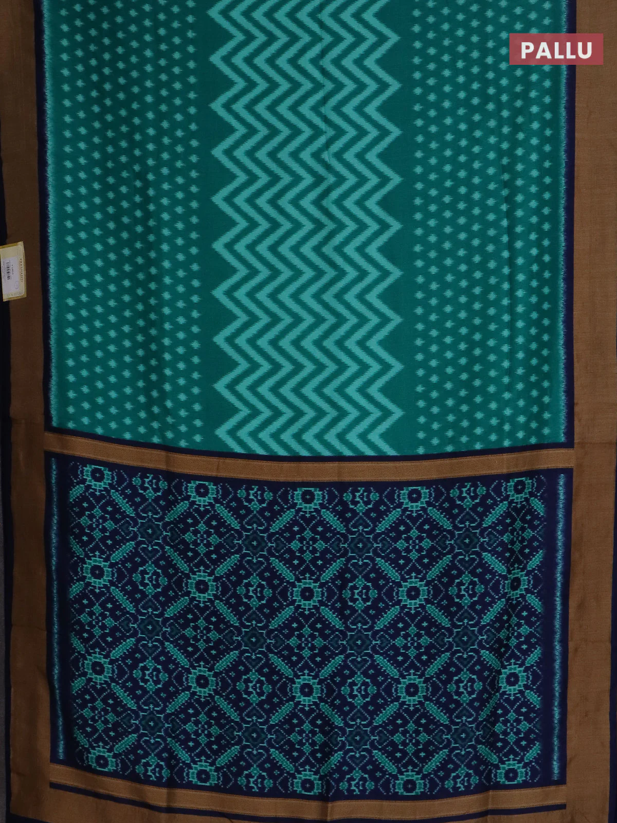 Semi patola saree teal green and navy blue with allover ikat weaves and woven border - Image 3