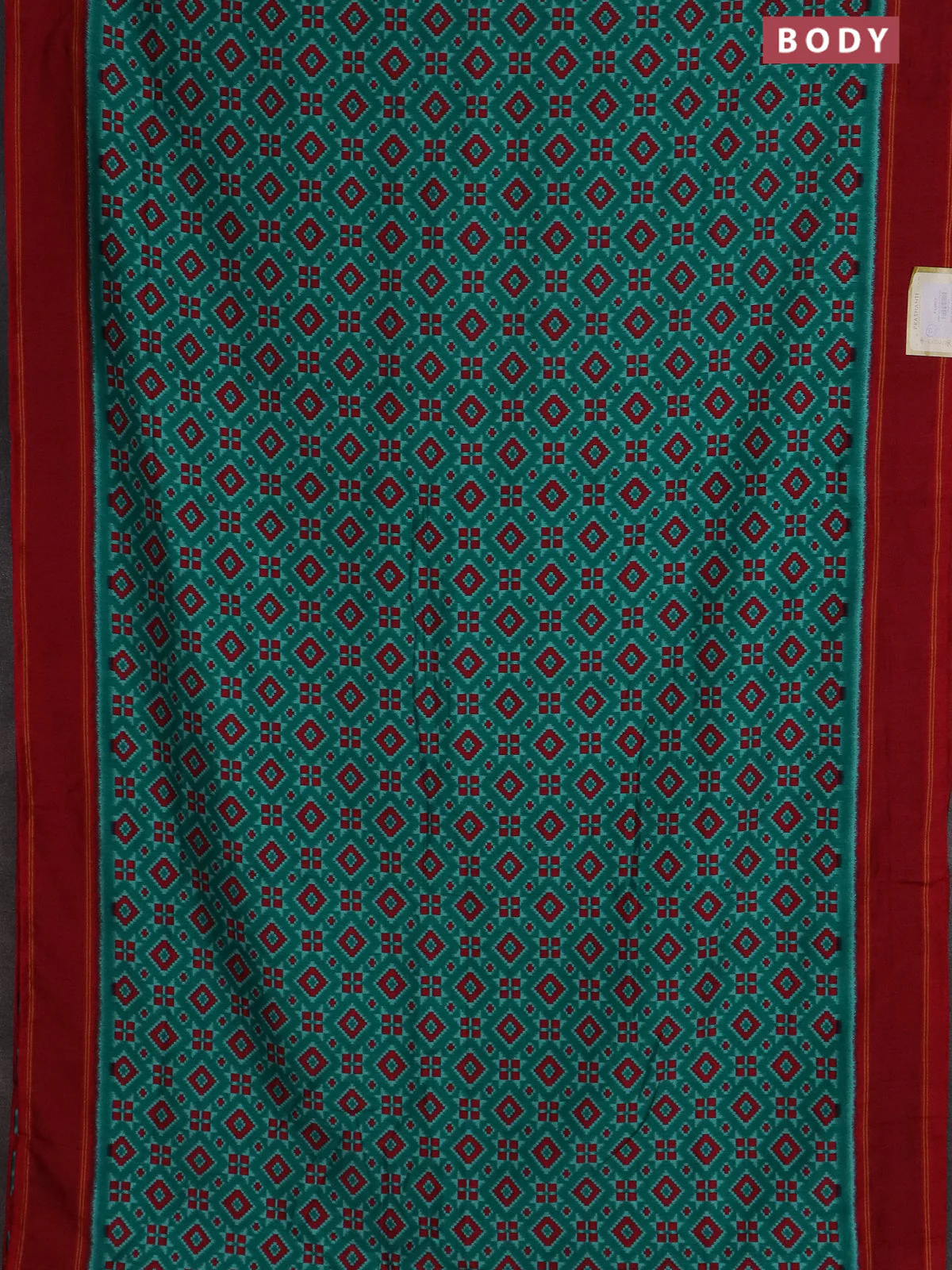 Semi patola saree teal green and red with allover ikat weaves and simple border - Image 2
