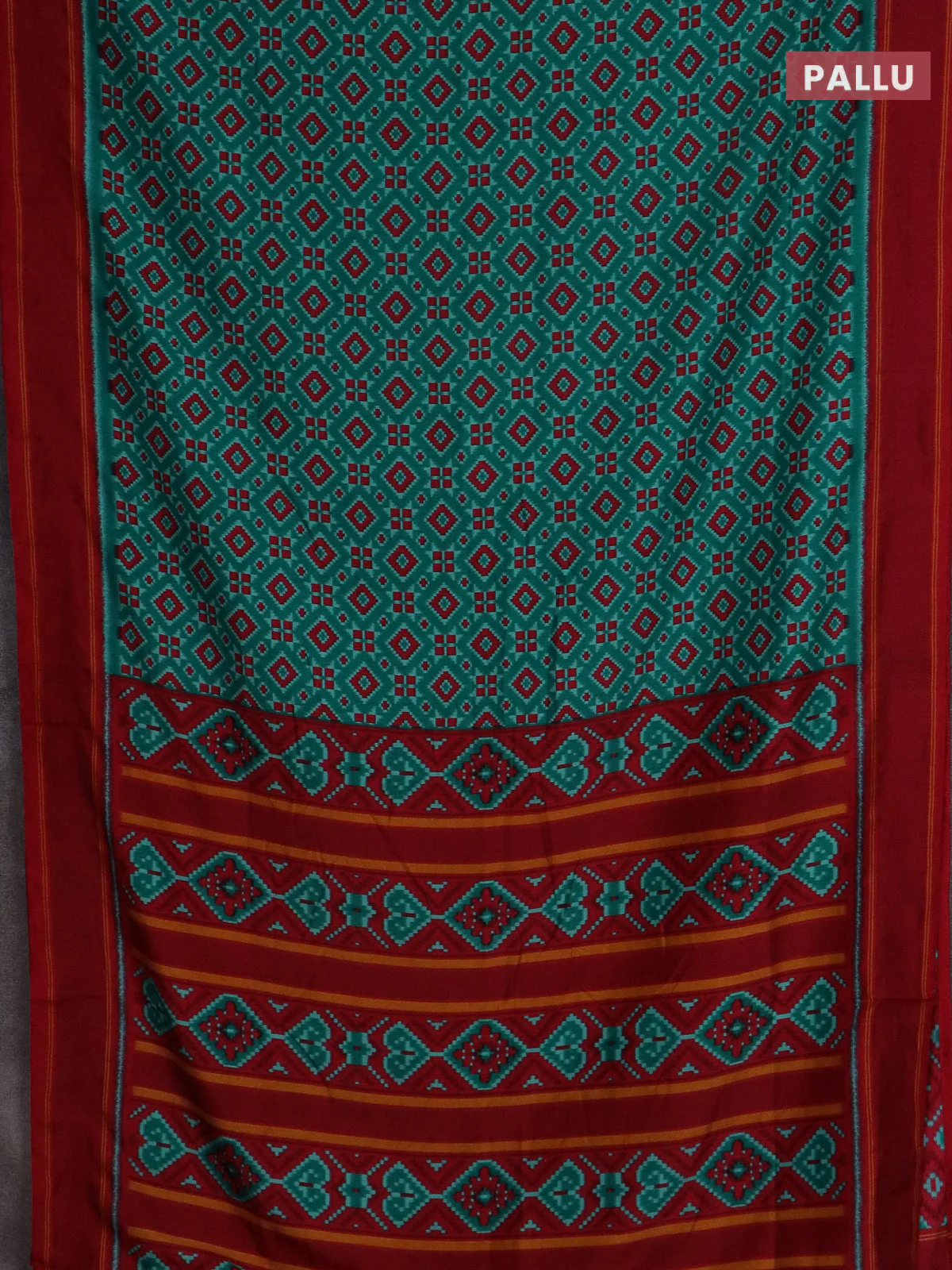 Semi patola saree teal green and red with allover ikat weaves and simple border - Image 3