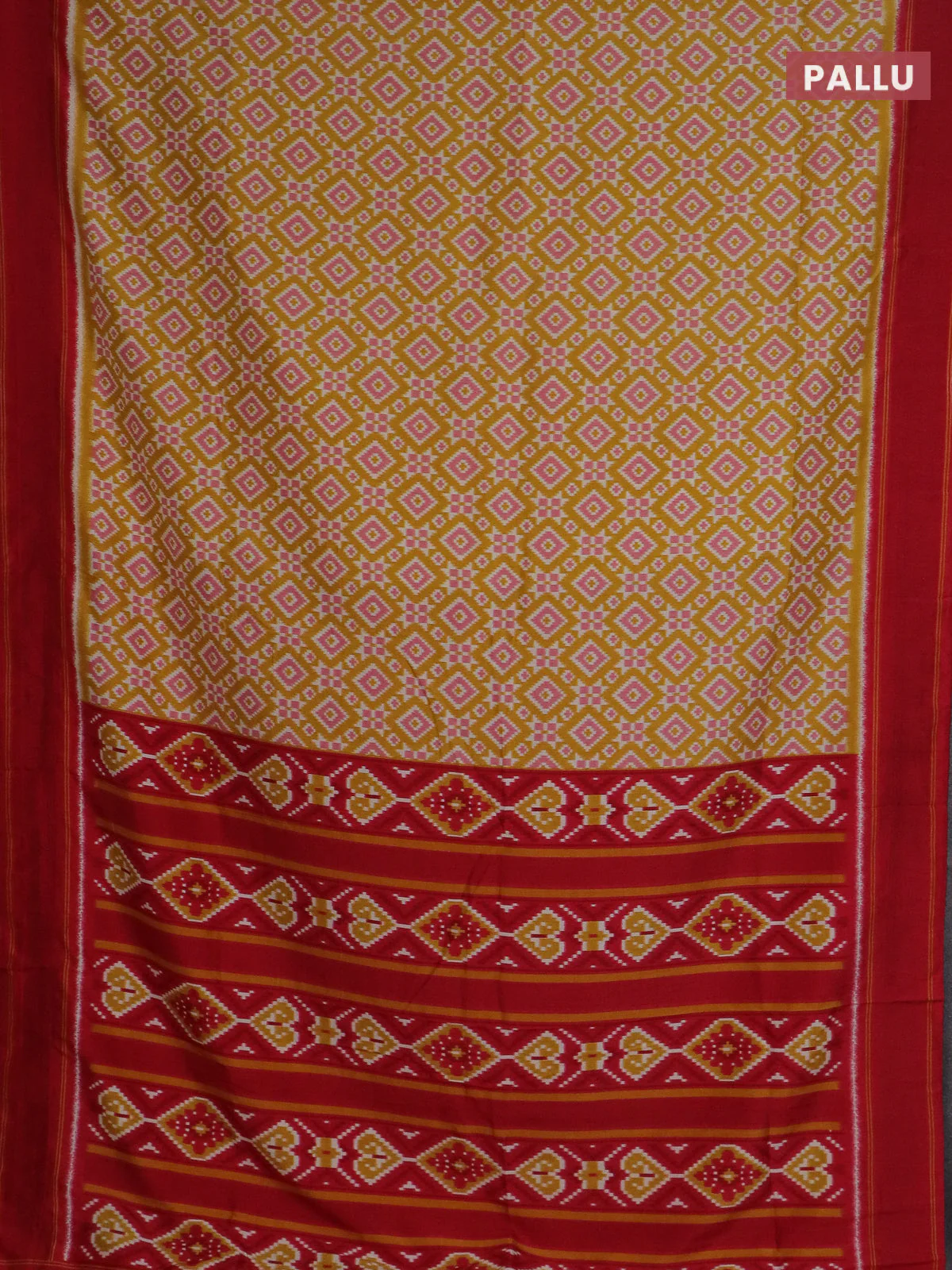 Semi patola saree yellow and red with allover ikat weaves and simple border - Image 3