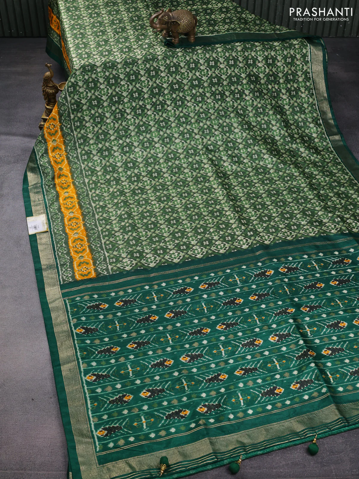 Semi pochampally saree green and mango yellow with allover ikat prints and zari woven border - Image 2