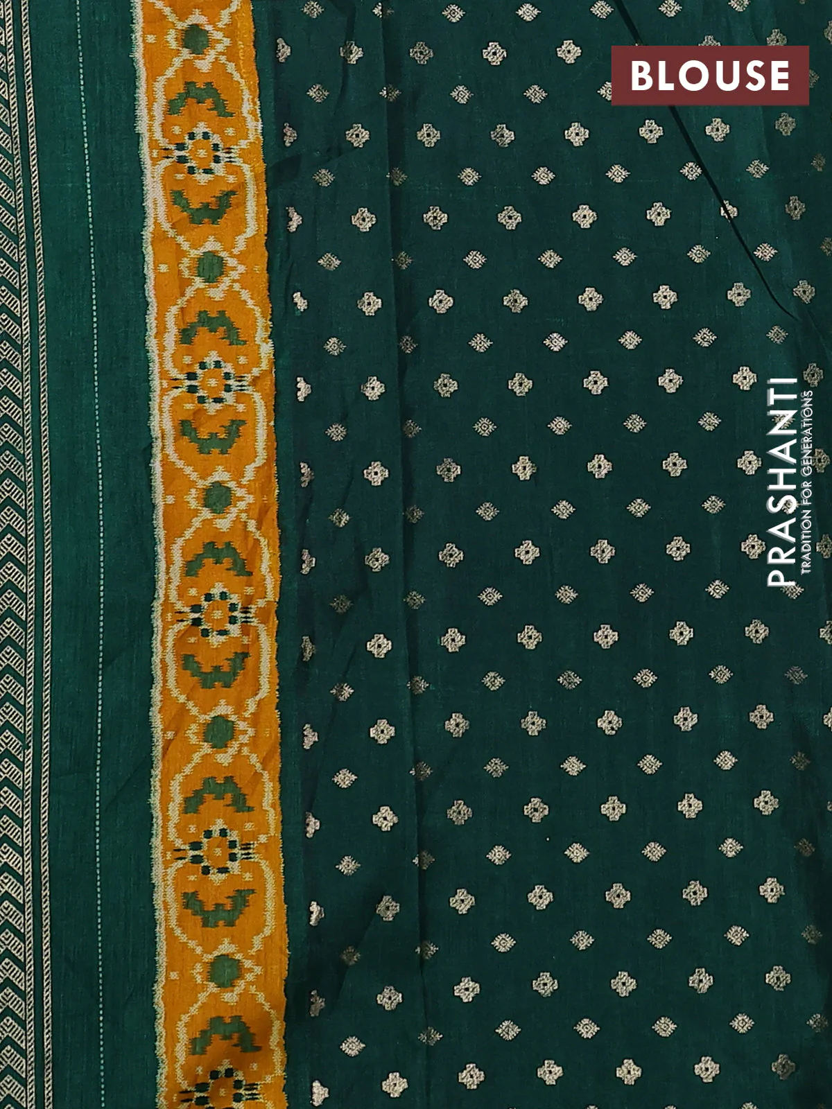 Semi pochampally saree green and mango yellow with allover ikat prints and zari woven border - Image 3