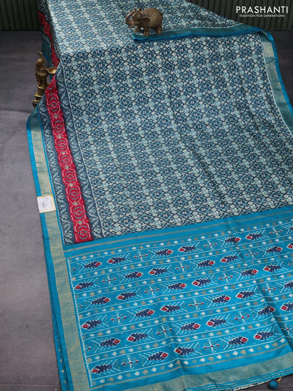 Semi pochampally saree peacock blue and red with allover ikat prints and zari woven border - Image 2