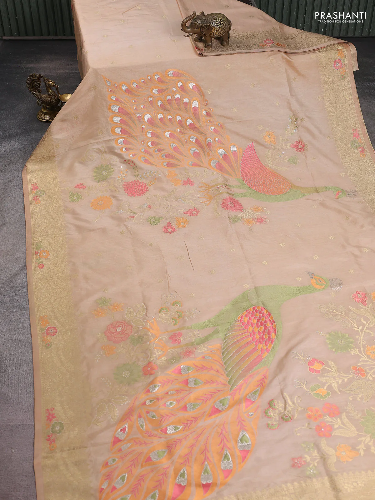 Semi raw silk saree beige and allover jamdhani weaves and zari woven border