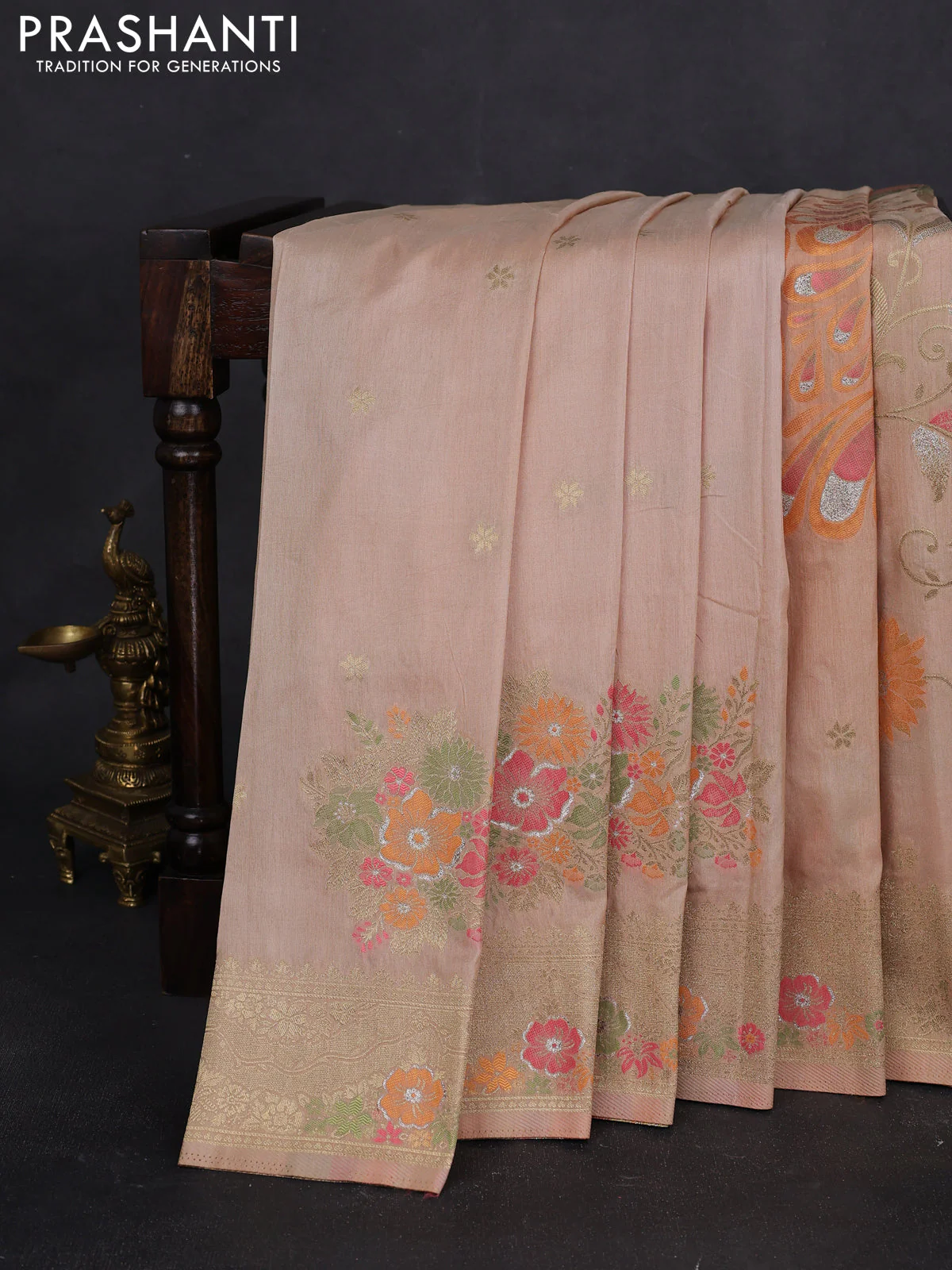 Semi raw silk saree beige and allover jamdhani weaves and zari woven border - Image 2