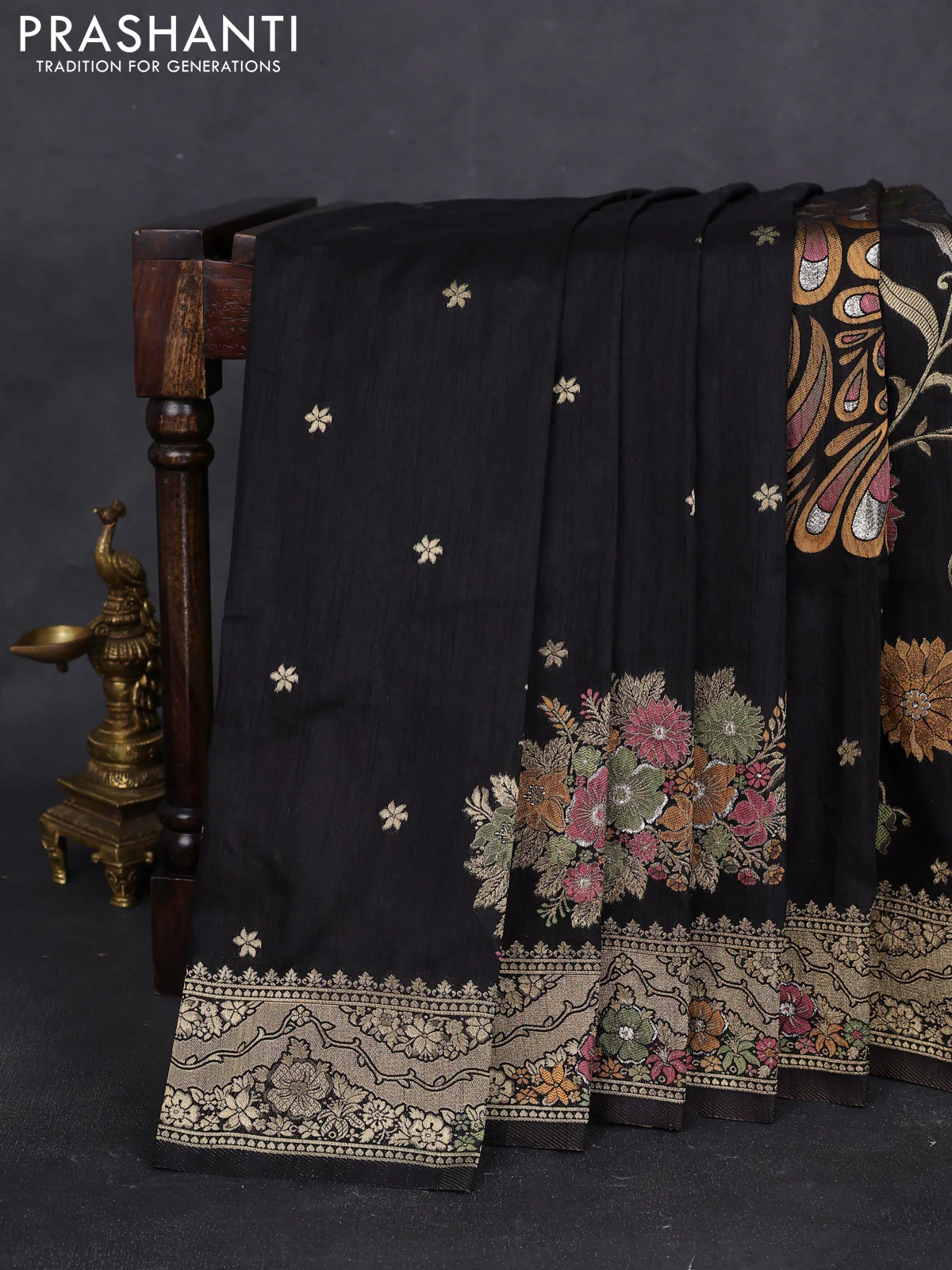 Semi raw silk saree black and allover jamdhani weaves and zari woven border - Image 2