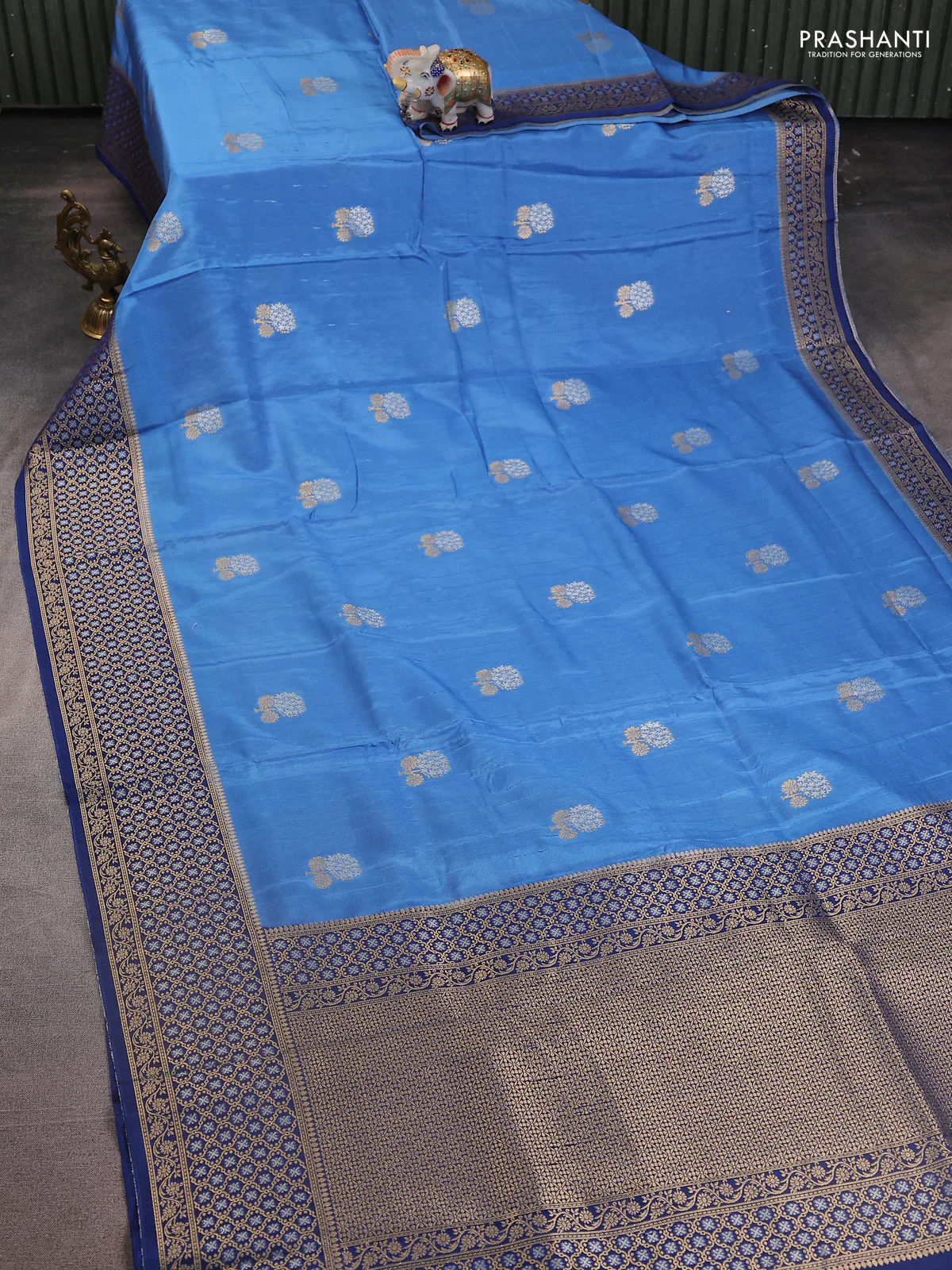 Semi raw silk saree blue shade and blue with silver & gold zari woven buttas and zari woven border - Image 2
