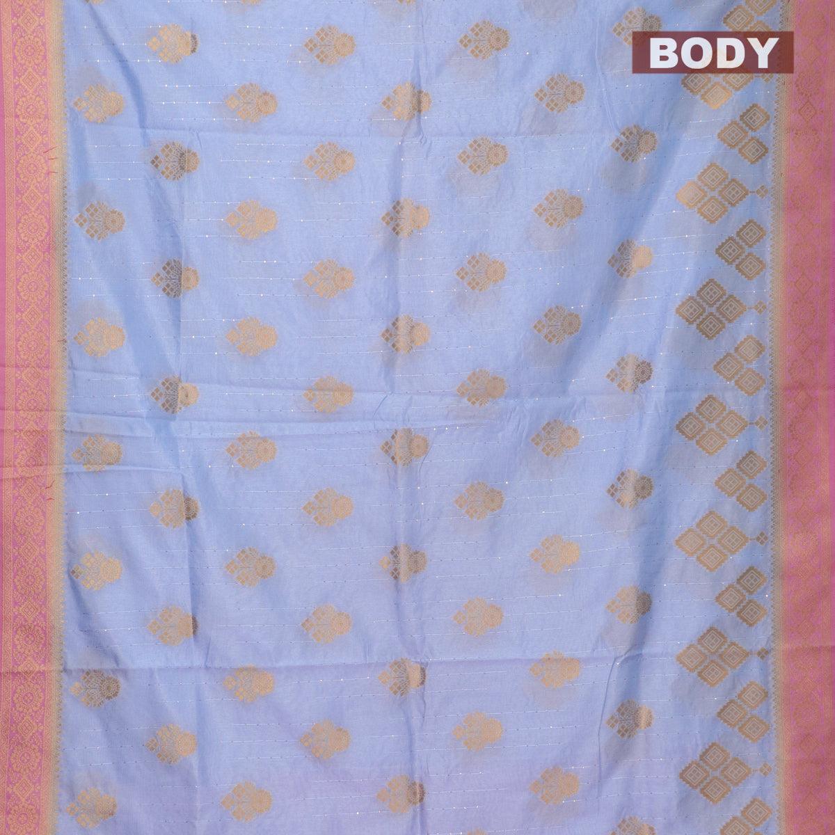 Semi raw silk saree blue shade and pink with allover zari butta sequin work and zari woven border - Image 2