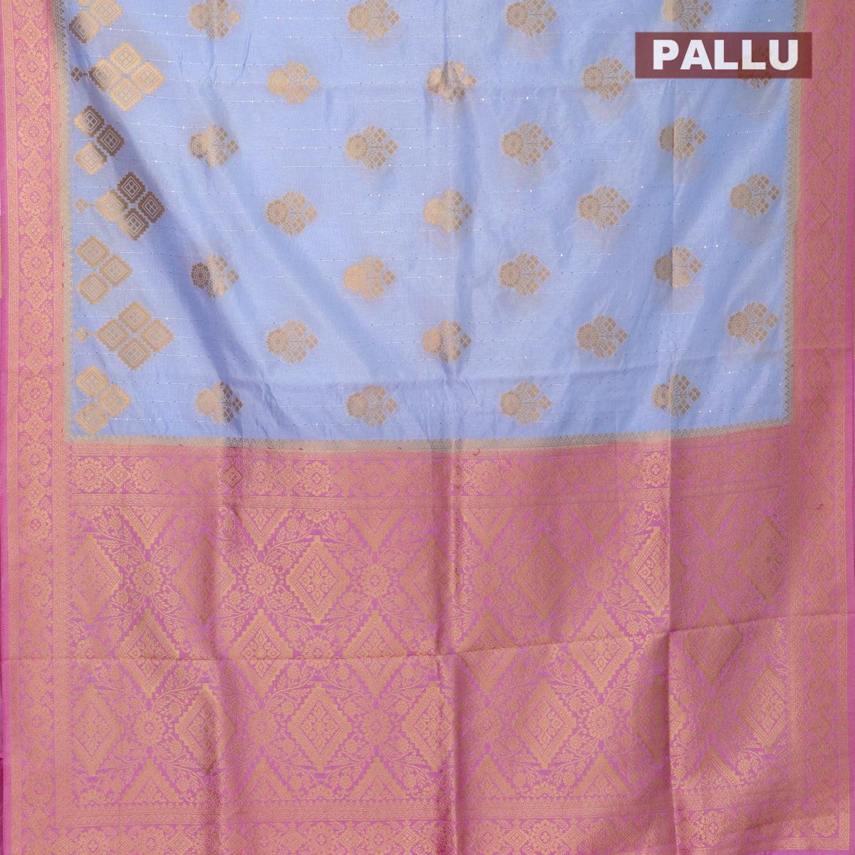 Semi raw silk saree blue shade and pink with allover zari butta sequin work and zari woven border - Image 3