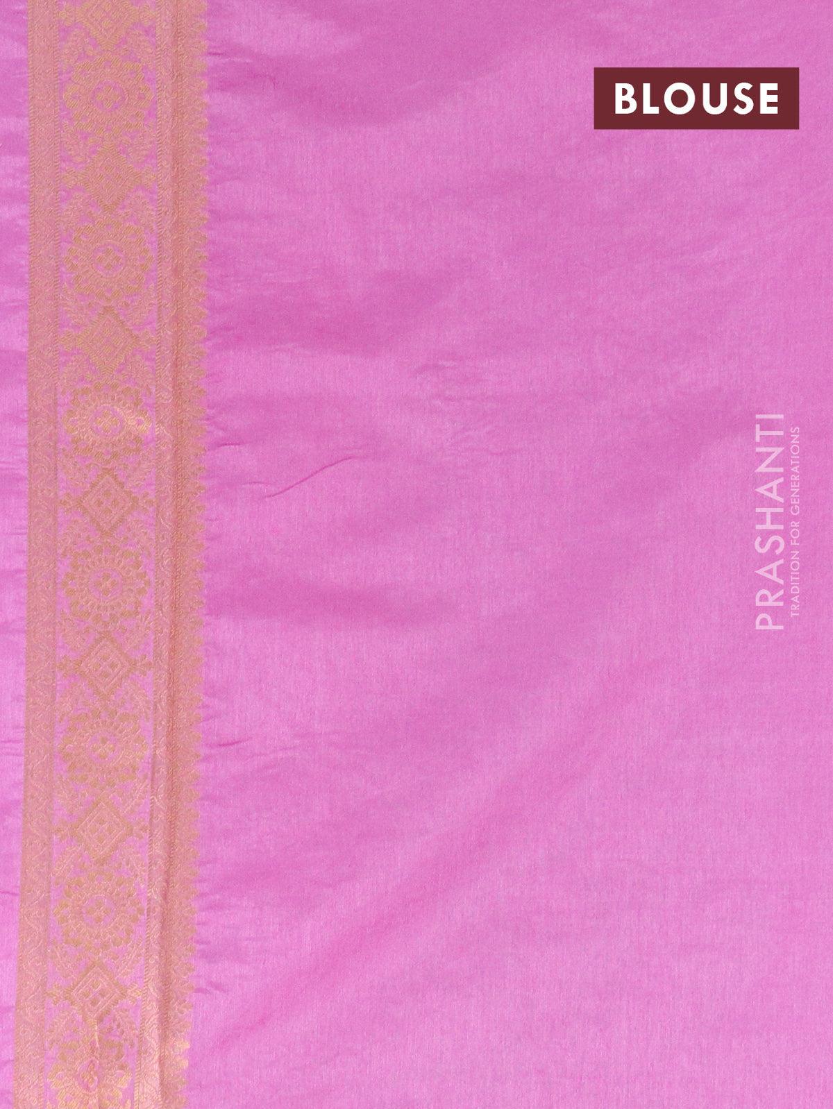 Semi raw silk saree blue shade and pink with allover zari butta sequin work and zari woven border - Image 4