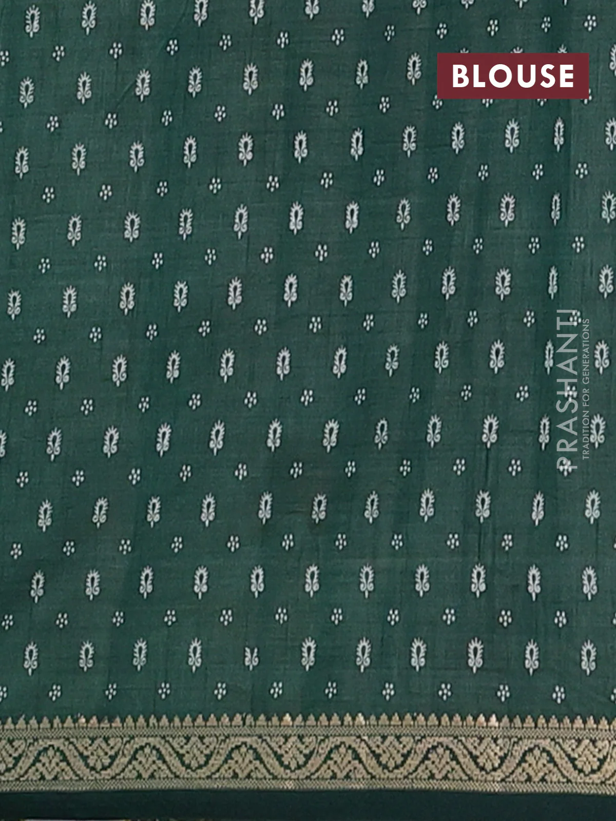 Semi raw silk saree bottle green with allover butta prints and zari woven border - Image 4