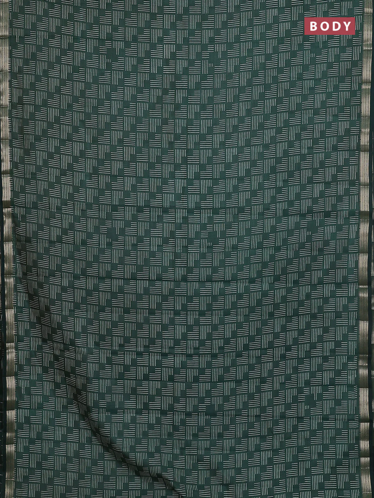 Semi raw silk saree bottle green with allover geometric prints and zari woven border - Image 2