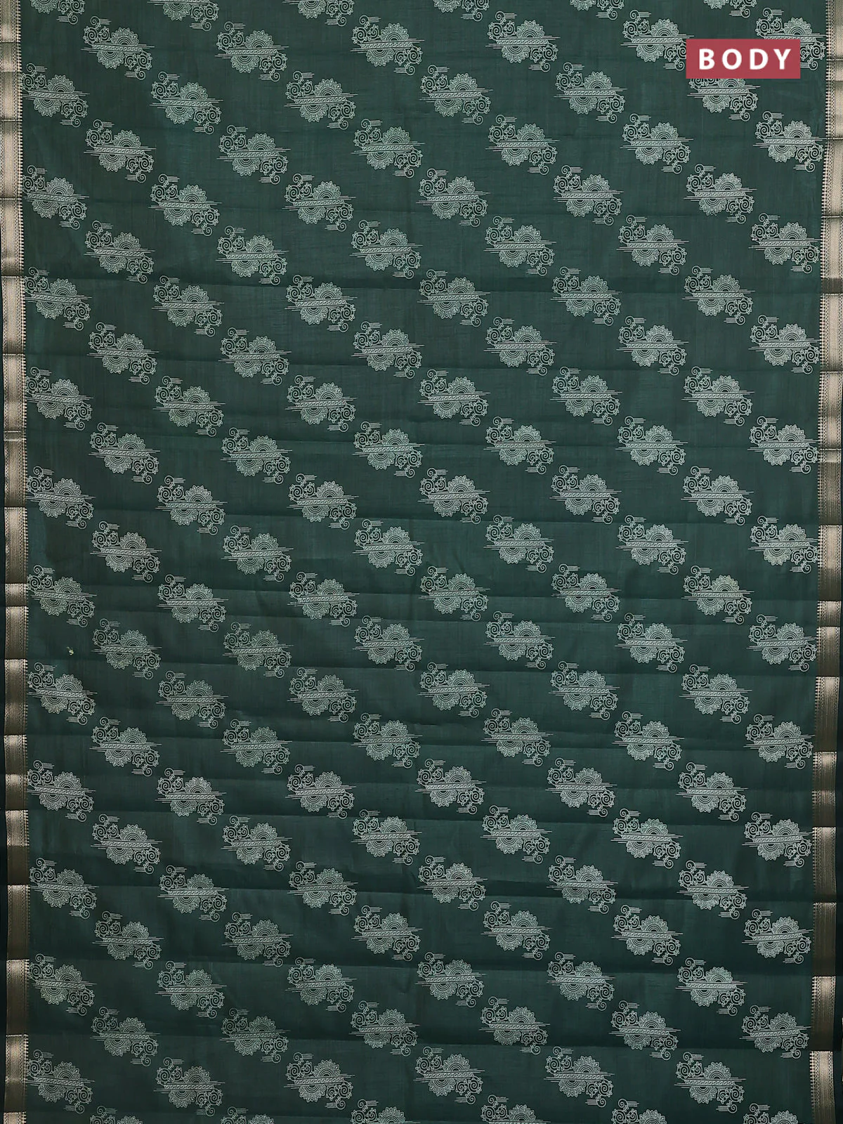 Semi raw silk saree bottle green with butta prints and zari woven border - Image 2