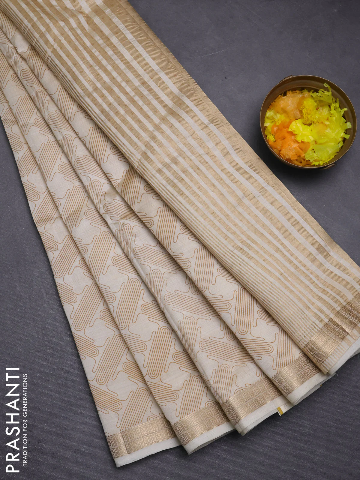 Semi raw silk saree cream with allover geometric prints and zari woven border