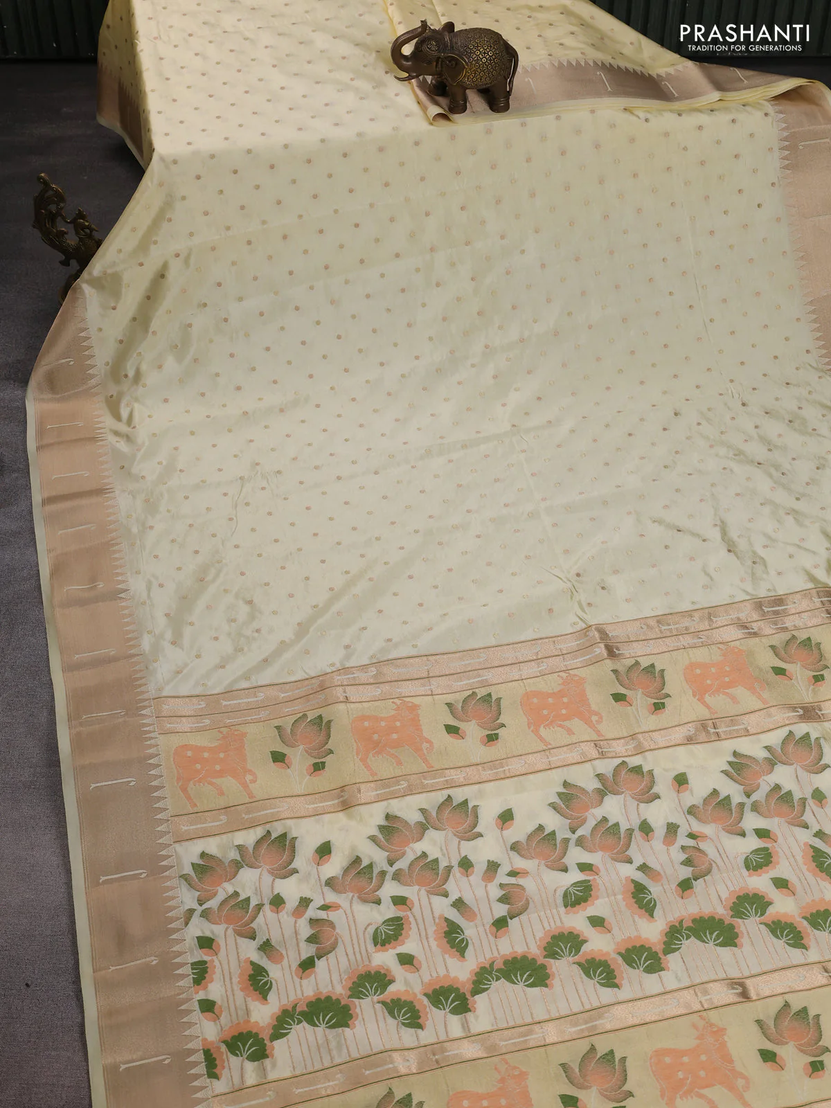 Semi raw silk saree cream with allover zari woven buttas and pichwai design pallu - Image 2