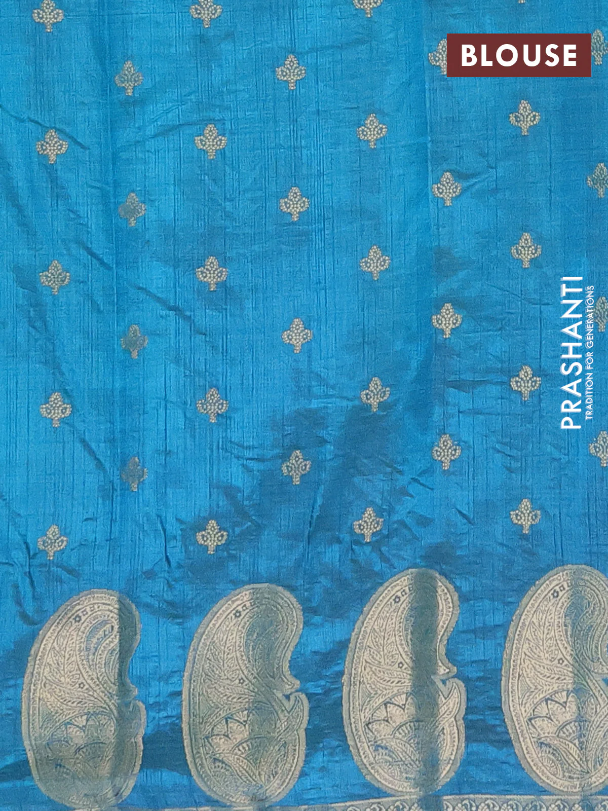 Semi raw silk saree cs blue with allover zari woven 1000 buttas and paisley zari woven butta border - Image 4