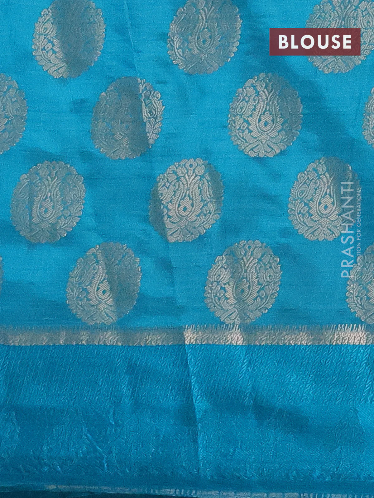 Semi raw silk saree cs blue with zari woven buttas and zari woven simple border - Image 4