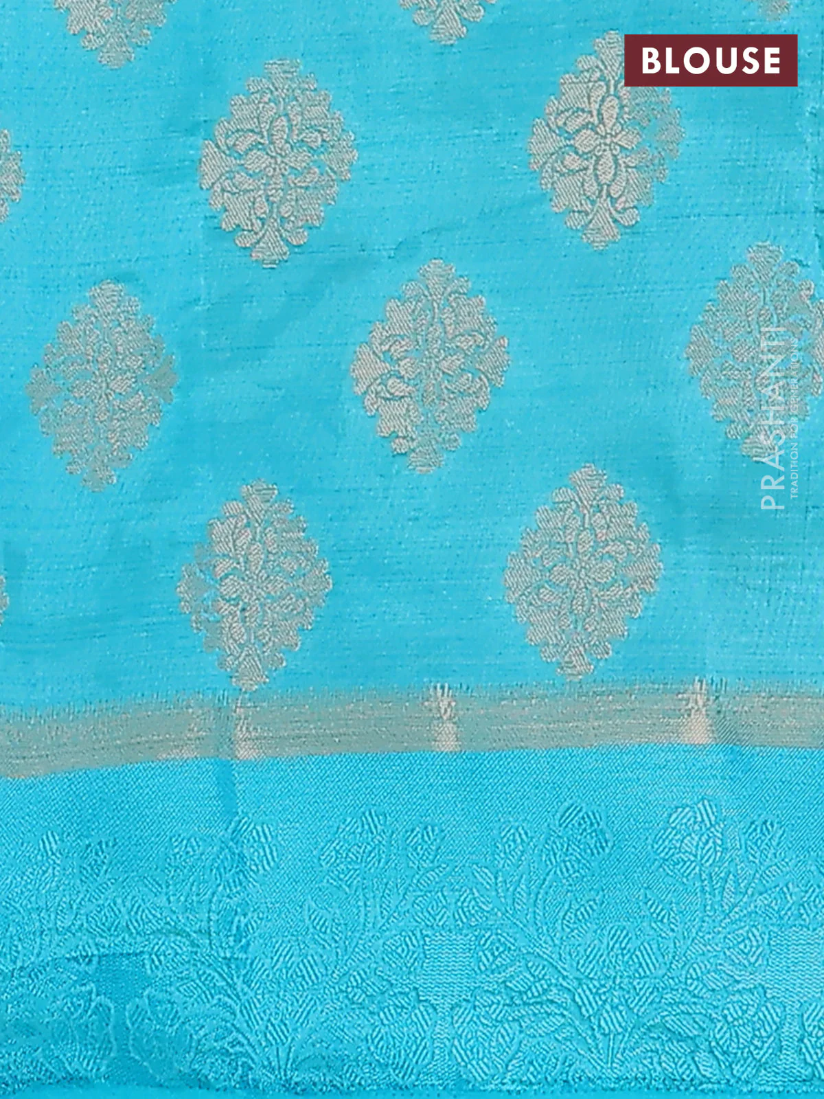 Semi raw silk saree cs blue with zari woven buttas and zari woven simple border - Image 4