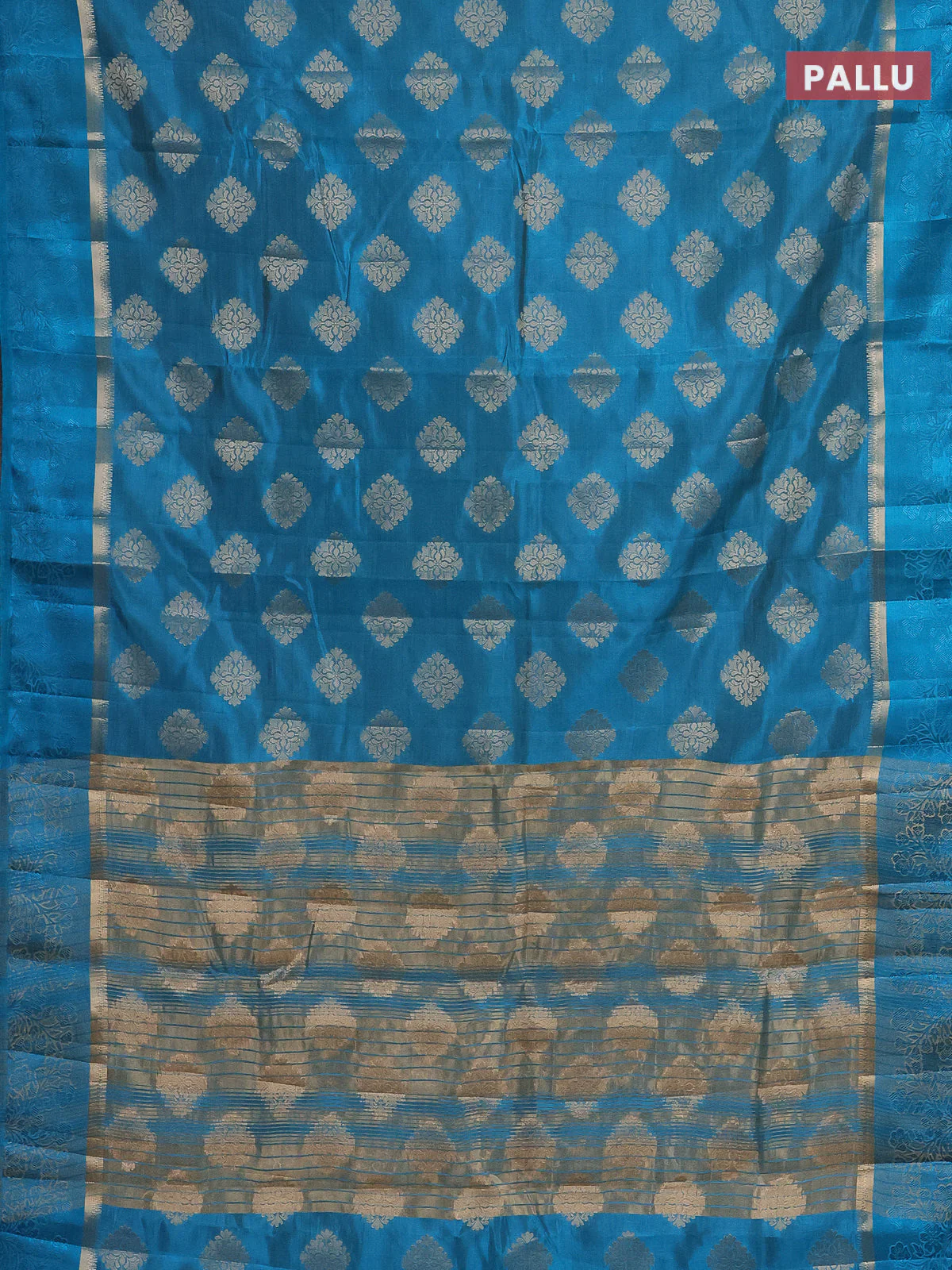Semi raw silk saree cs blue with zari woven buttas and zari woven simple border - Image 3