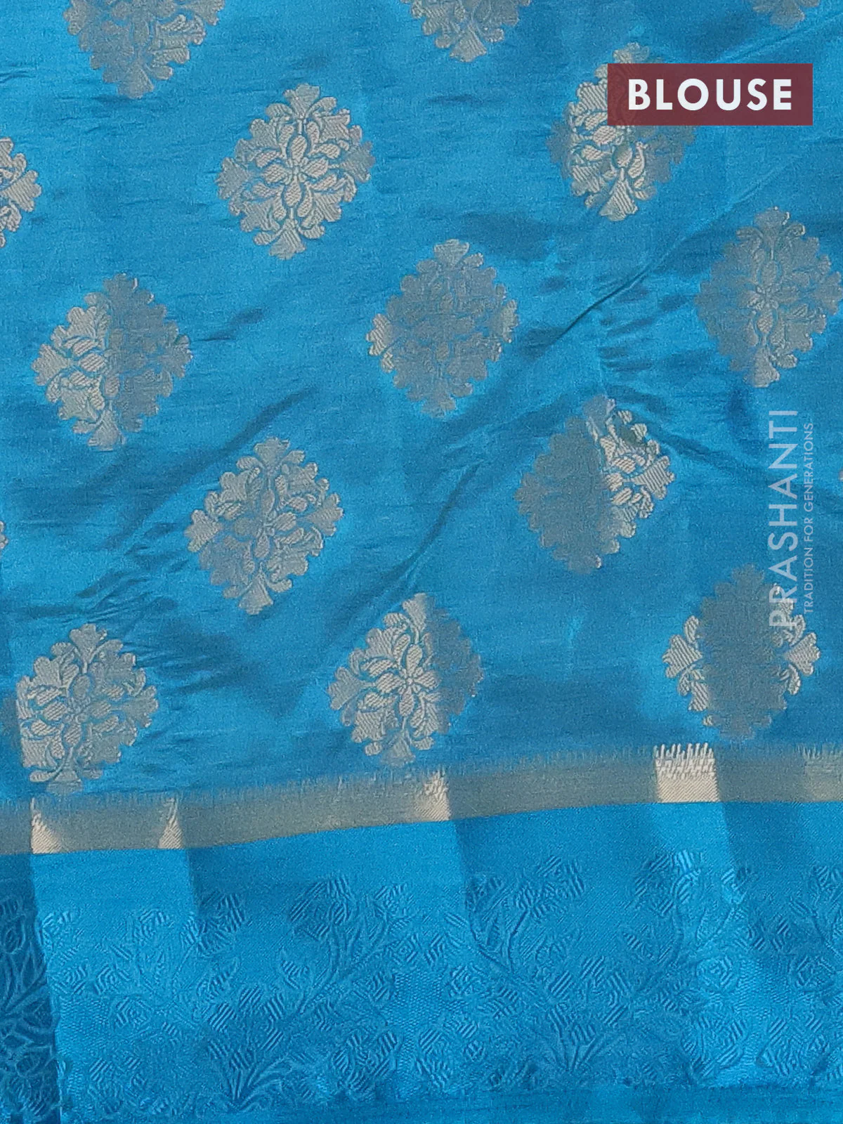 Semi raw silk saree cs blue with zari woven buttas and zari woven simple border - Image 4