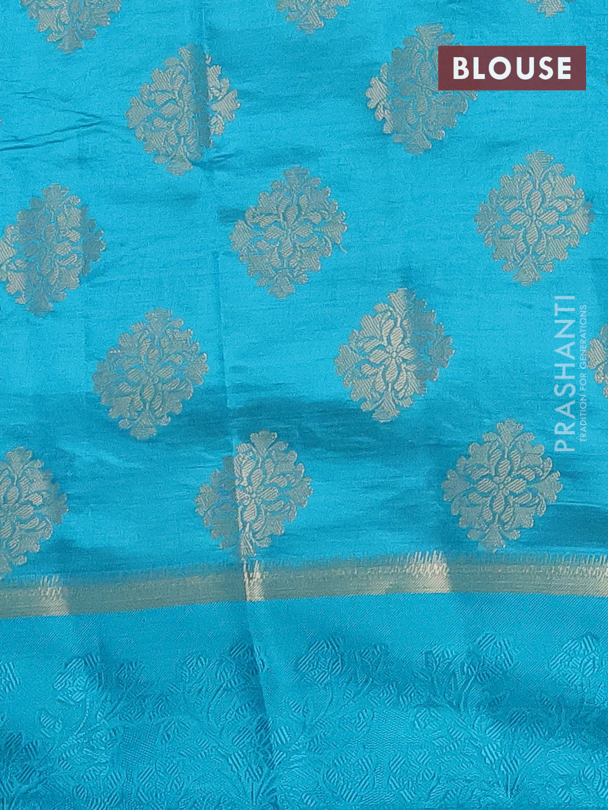 Semi raw silk saree cs blue with zari woven buttas and zari woven simple border - Image 4