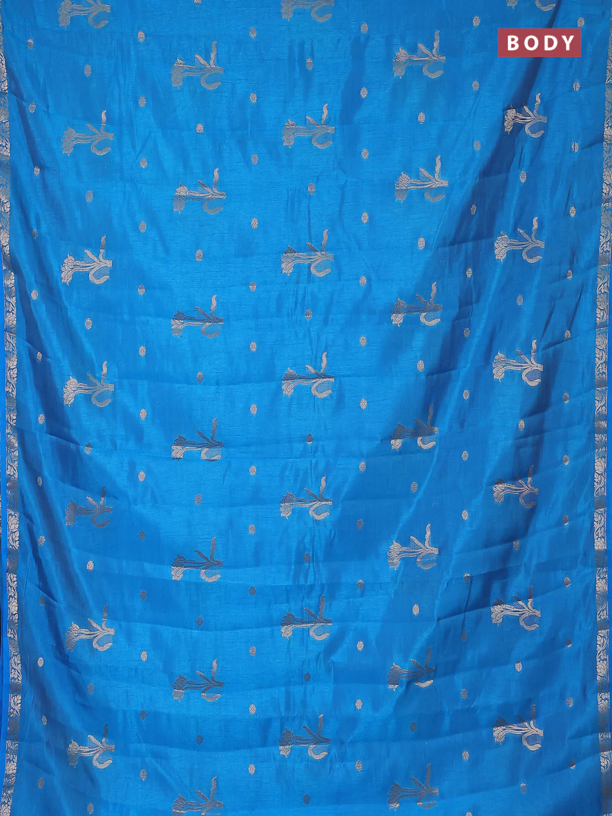 Semi raw silk saree cs blue with zari woven floral buttas and small zari woven border - Image 2