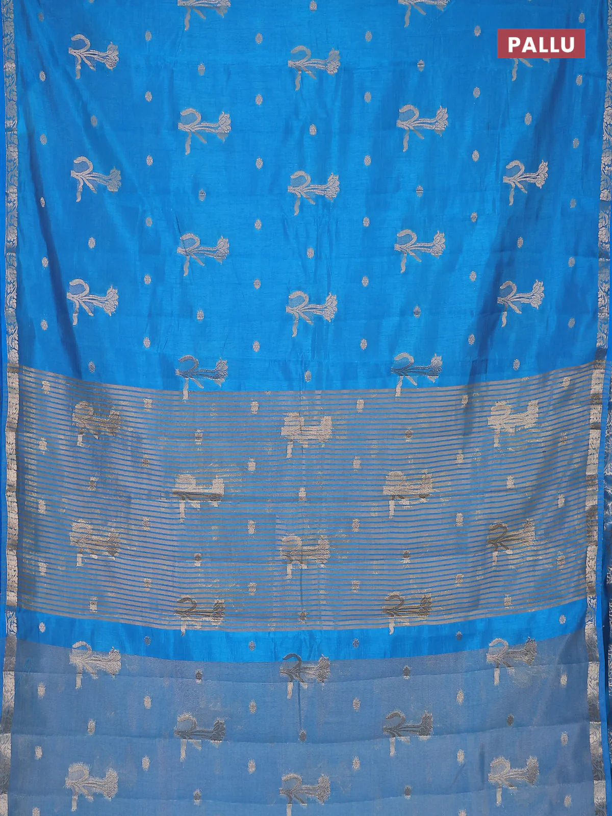 Semi raw silk saree cs blue with zari woven floral buttas and small zari woven border - Image 3