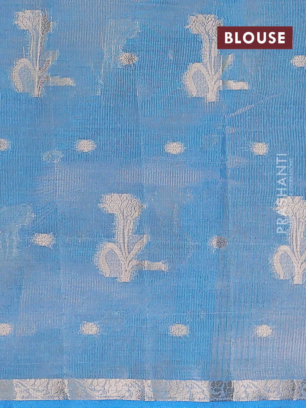 Semi raw silk saree cs blue with zari woven floral buttas and small zari woven border - Image 4