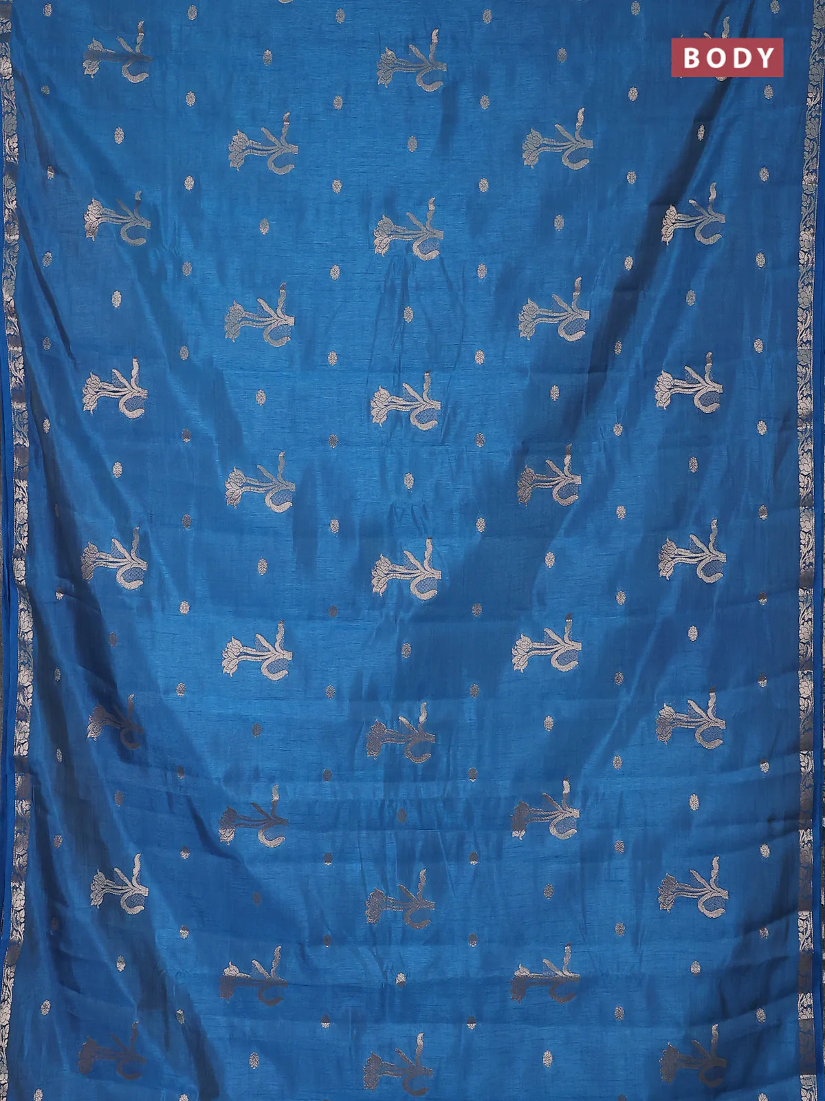 Semi raw silk saree cs blue with zari woven floral buttas and small zari woven border - Image 2