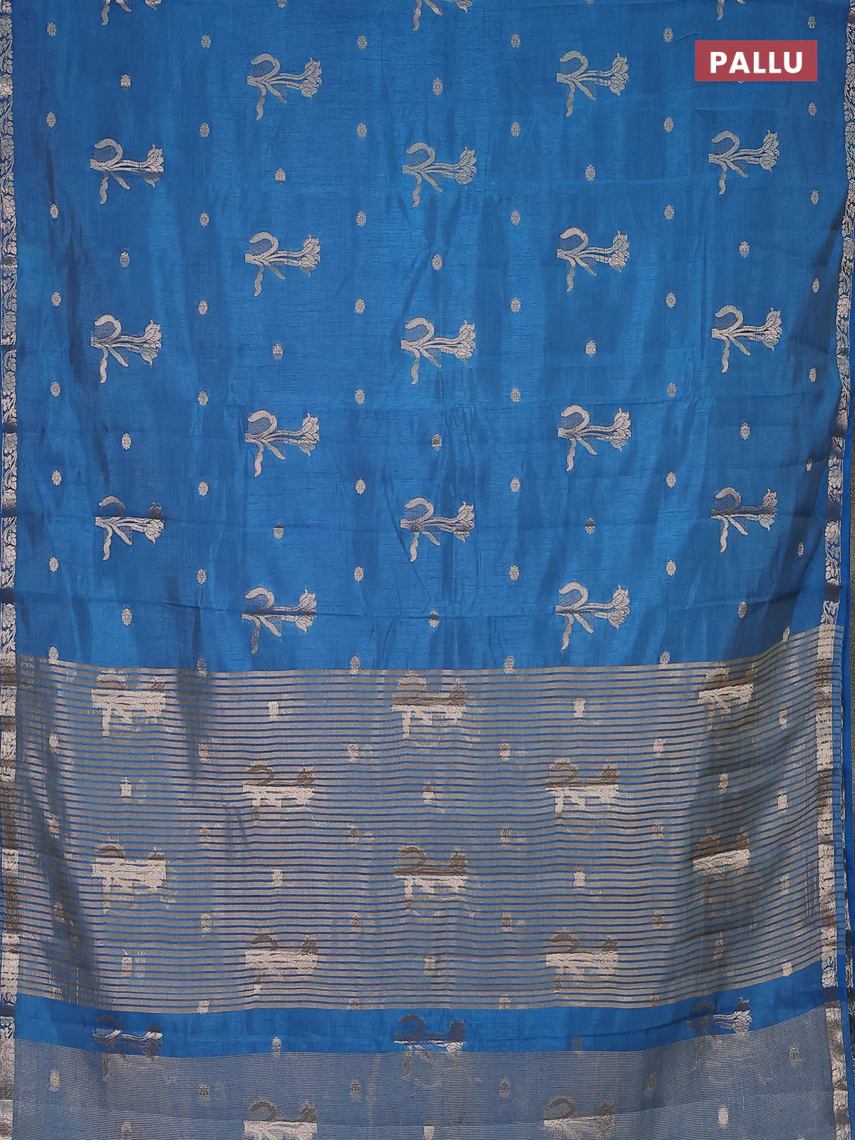Semi raw silk saree cs blue with zari woven floral buttas and small zari woven border - Image 3