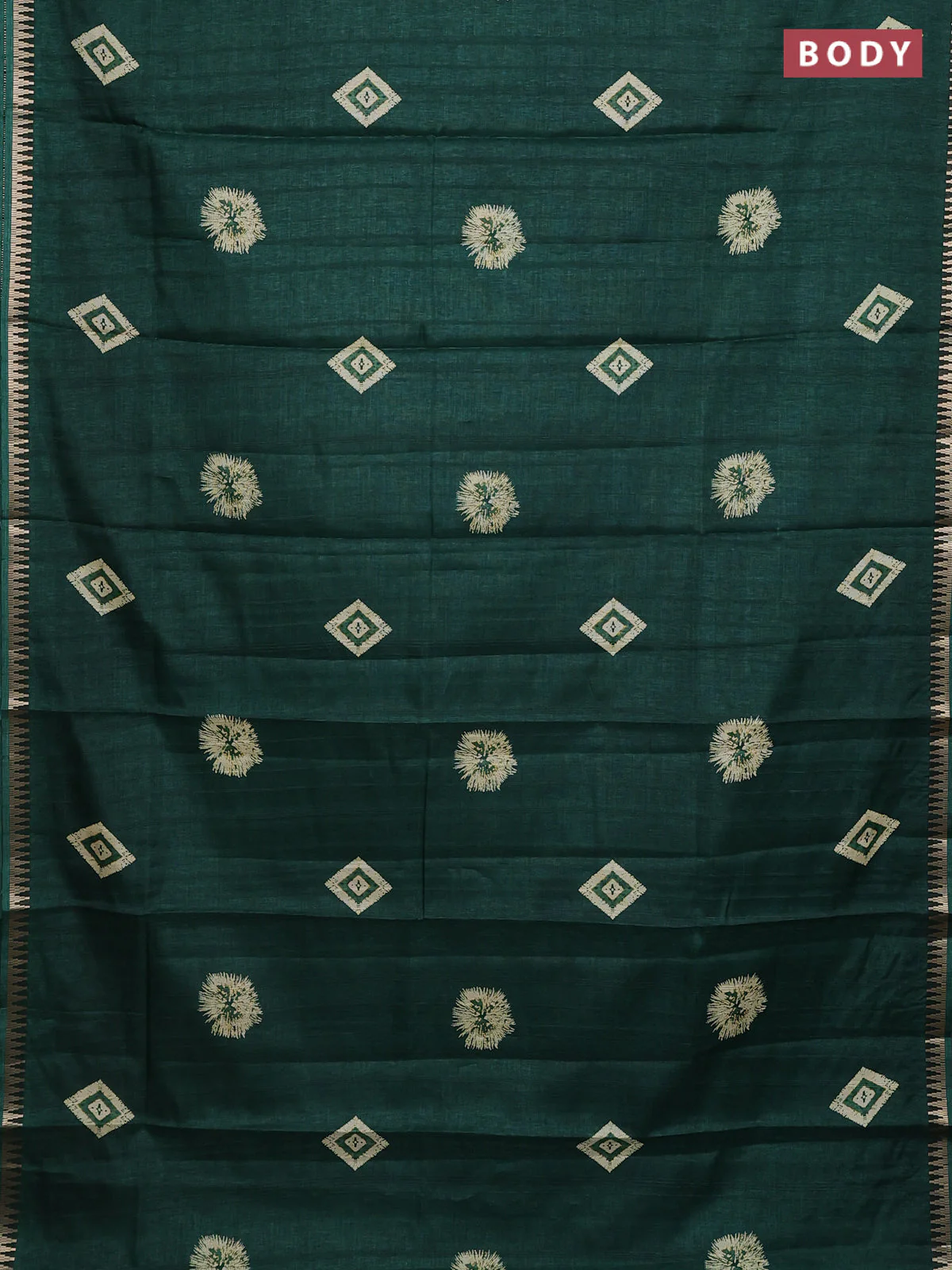 Semi raw silk saree dark green with butta prints and temple design zari woven border - Image 2