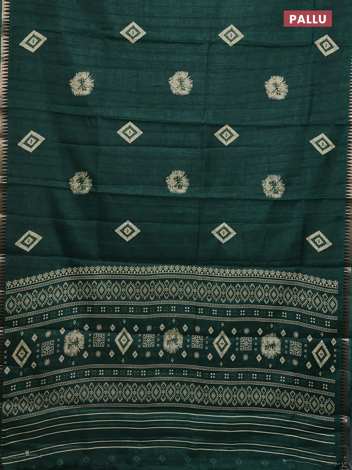 Semi raw silk saree dark green with butta prints and temple design zari woven border - Image 3