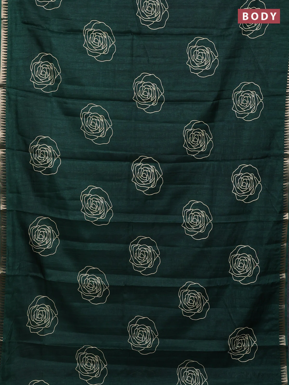 Semi raw silk saree dark green with floral butta prints and temple design zari woven border - Image 2