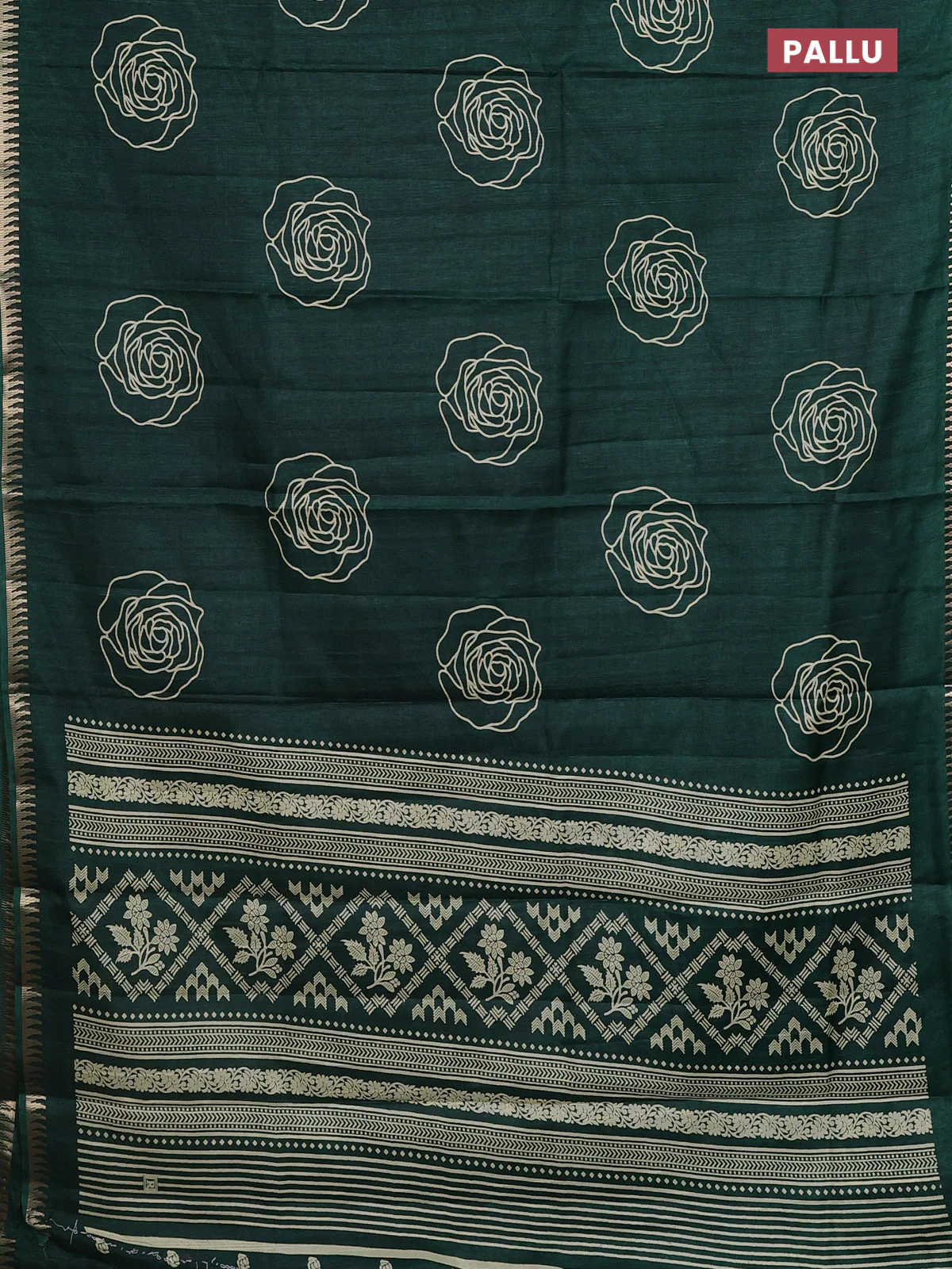 Semi raw silk saree dark green with floral butta prints and temple design zari woven border - Image 3